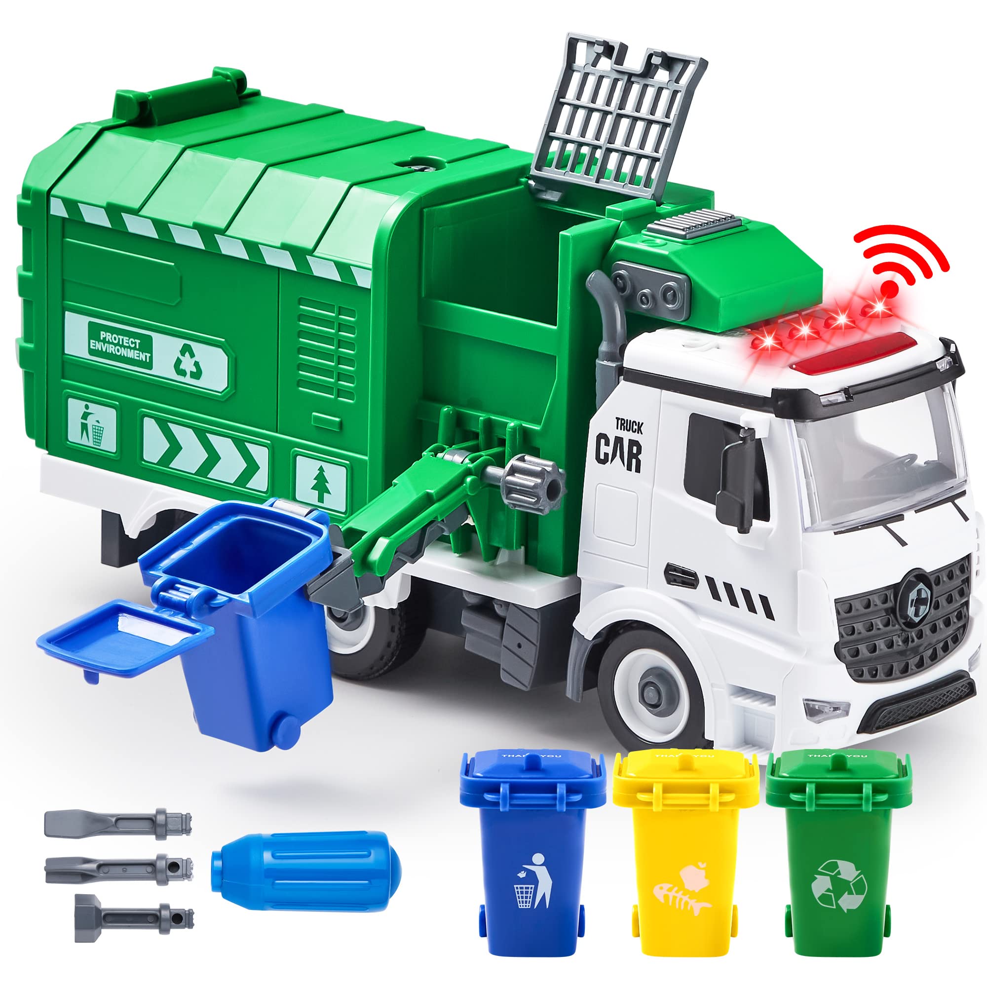 JOYIN Garbage Truck Toy for Kids - DIY Assembly Friction-Powered Dump Truck with Lights & Sounds, Includes 3 Trash Cans & 3 Screwdrivers - Perfect Birthday Gift for Boys & Girls Ages 1-5 | Pretend Play, Recycling Education & Interactive Fun