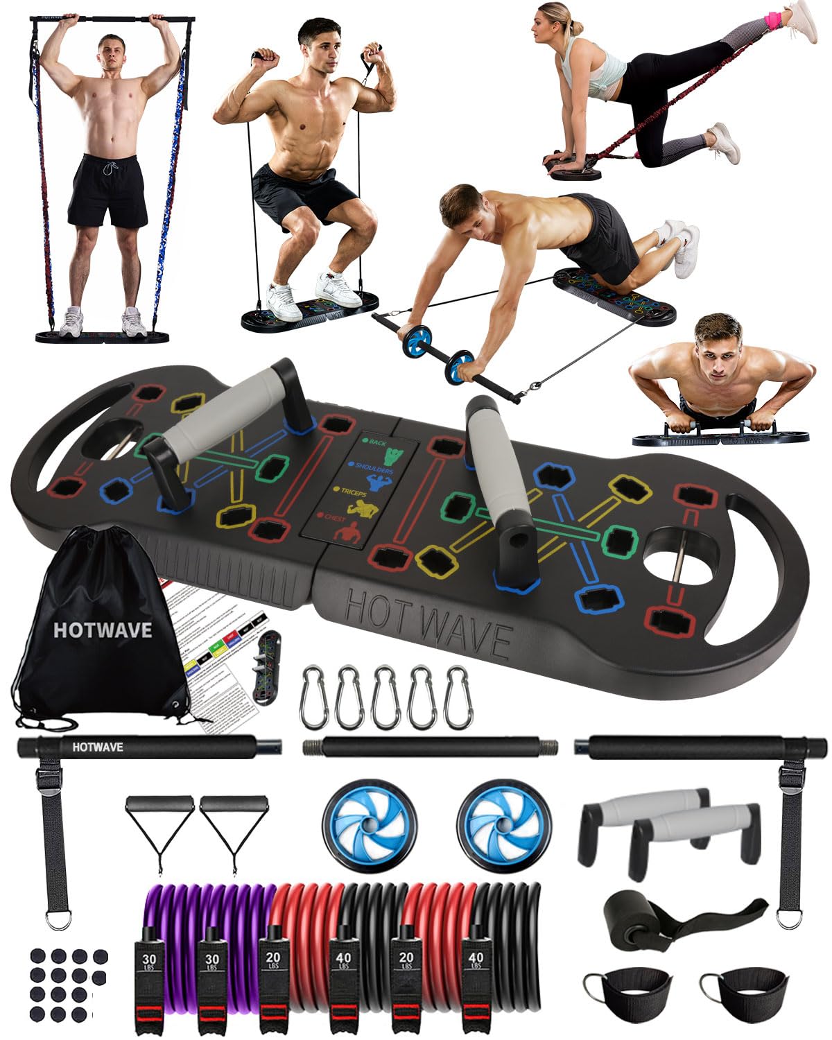 HotWave 20-in-1 Portable Home Gym Set with Push Up Board, Resistance Bands & Ab Roller Wheel - 16 Piece Fitness Equipment for Full Body Workout at Home, Travel & Small Spaces