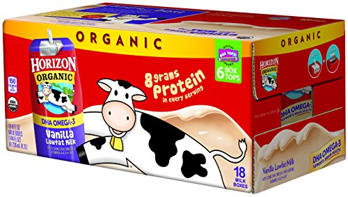 Horizon Organic Low Fat Vanilla Milk Box with DHA Omega-3, 8oz (18 Pack) - Perfect for School Lunches, Travel & On-the-Go Nutrition