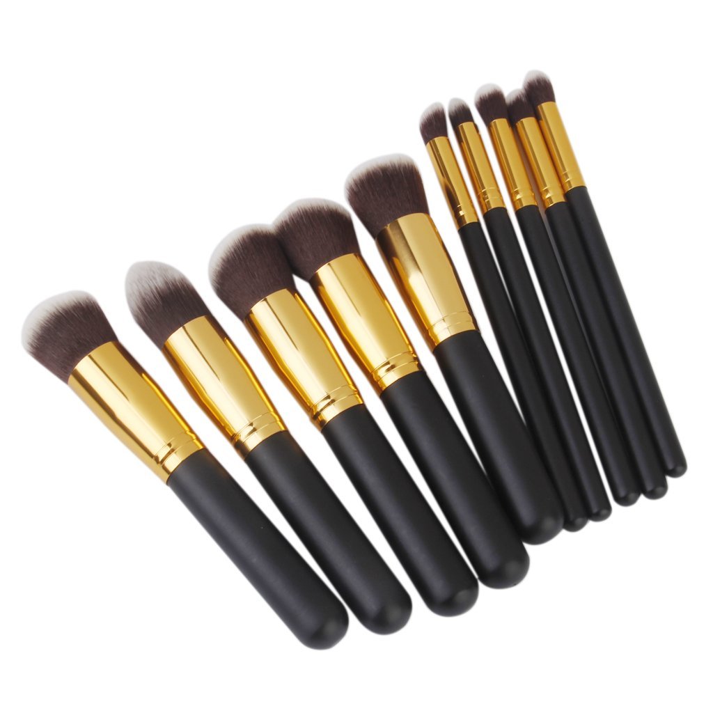 TYAGIRL 10-Piece Wooden Handle Makeup Brush Set with Aluminum Tube & Fiber Bristles - Black & Golden for Foundation, Blending, Eyeshadow & Contouring - Perfect for Professional Makeup Artists & Beginners