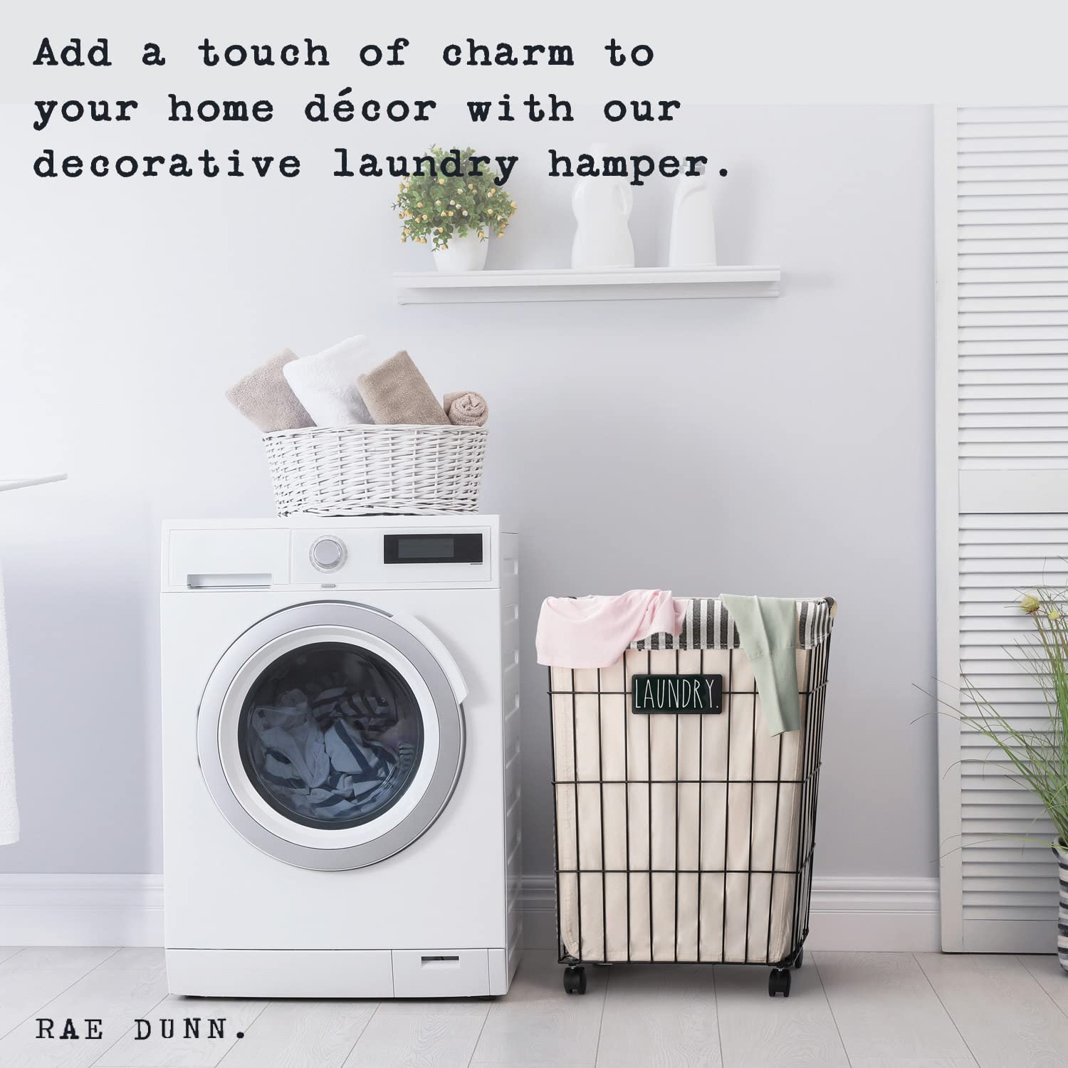 Rae Dunn Heavy Duty Rolling Laundry Hamper - Black Metal Wire Basket with Washable Cloth Liner - Portable Laundry Basket for Bedroom, Dorm, Apartment - Laundry Room Organization Essentials