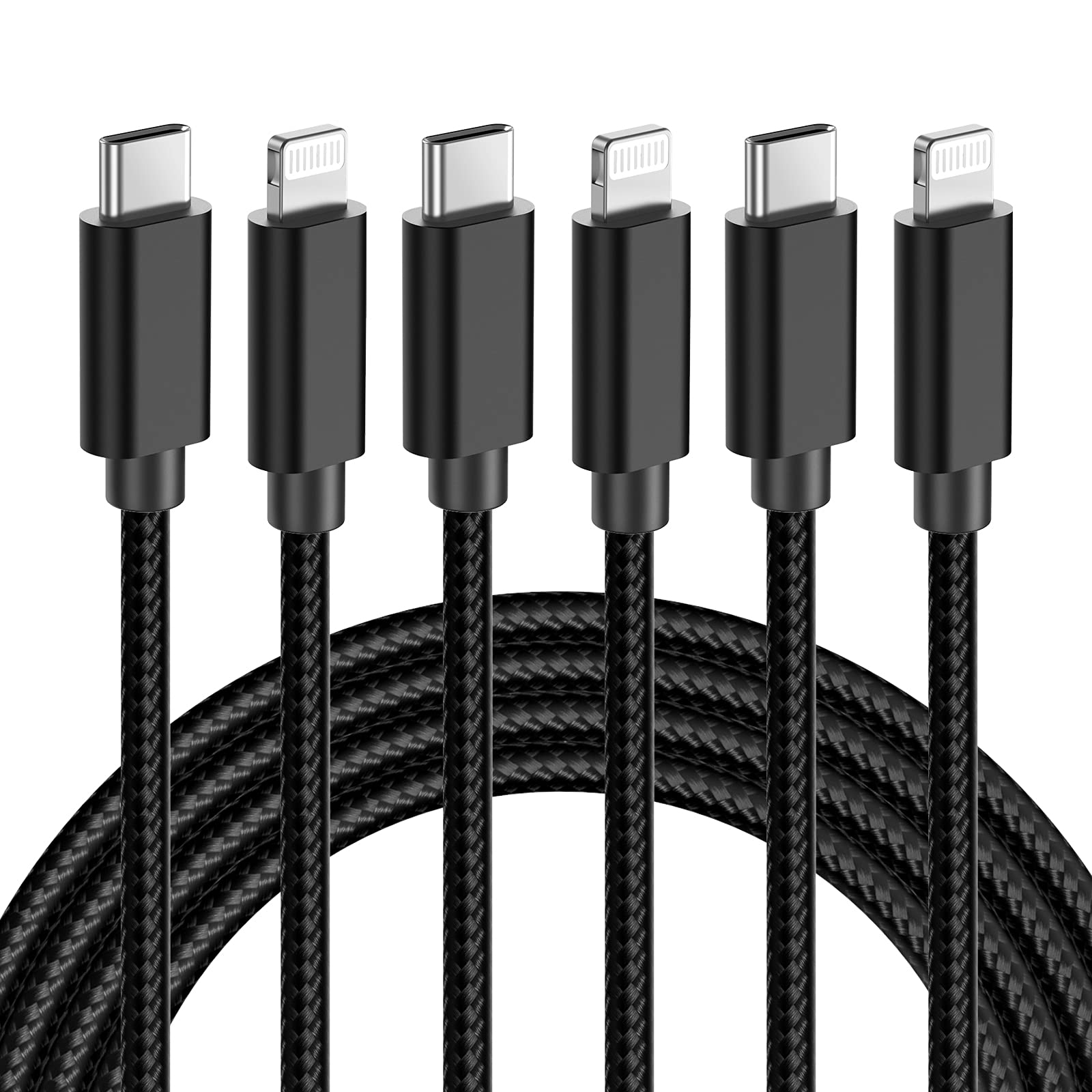 MFi Certified USB C to Lightning Cable 3Pack 6FT - Fast Charging Nylon Braided iPhone Charger Cord for iPhone 14/13/12 Pro Max/11/X/XS/XR/8 Plus & iPad - Durable Black Cable for Home, Office & Travel Charging