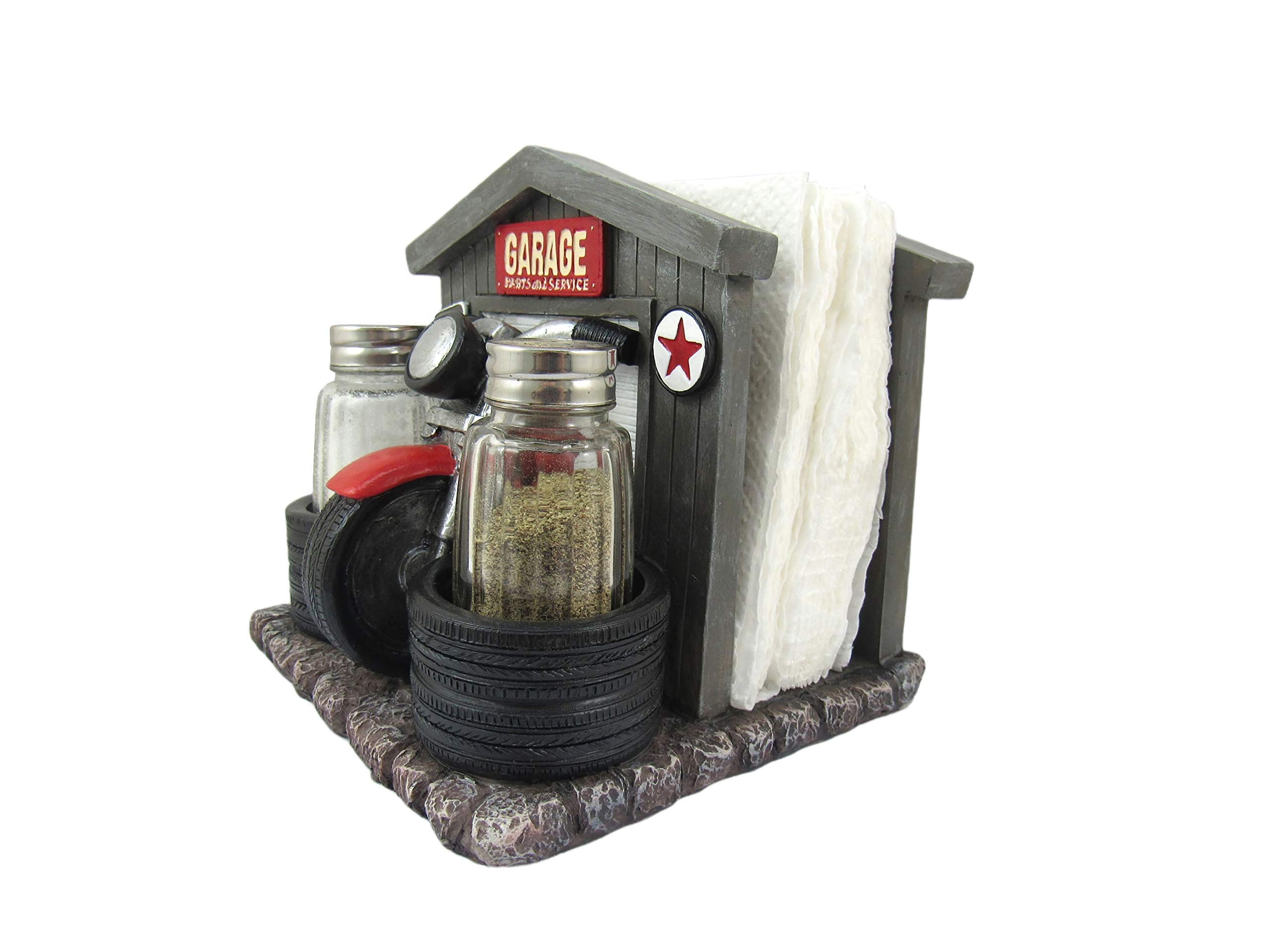 DWK 'Cycle Service' Motorcycle-Themed Napkin Holder & Salt & Pepper Shaker Set - 3-Piece Kitchen Table Decor for Biker Enthusiasts | Perfect for Motorcycle-Themed Parties, Man Caves & Roadhouse Restaurants