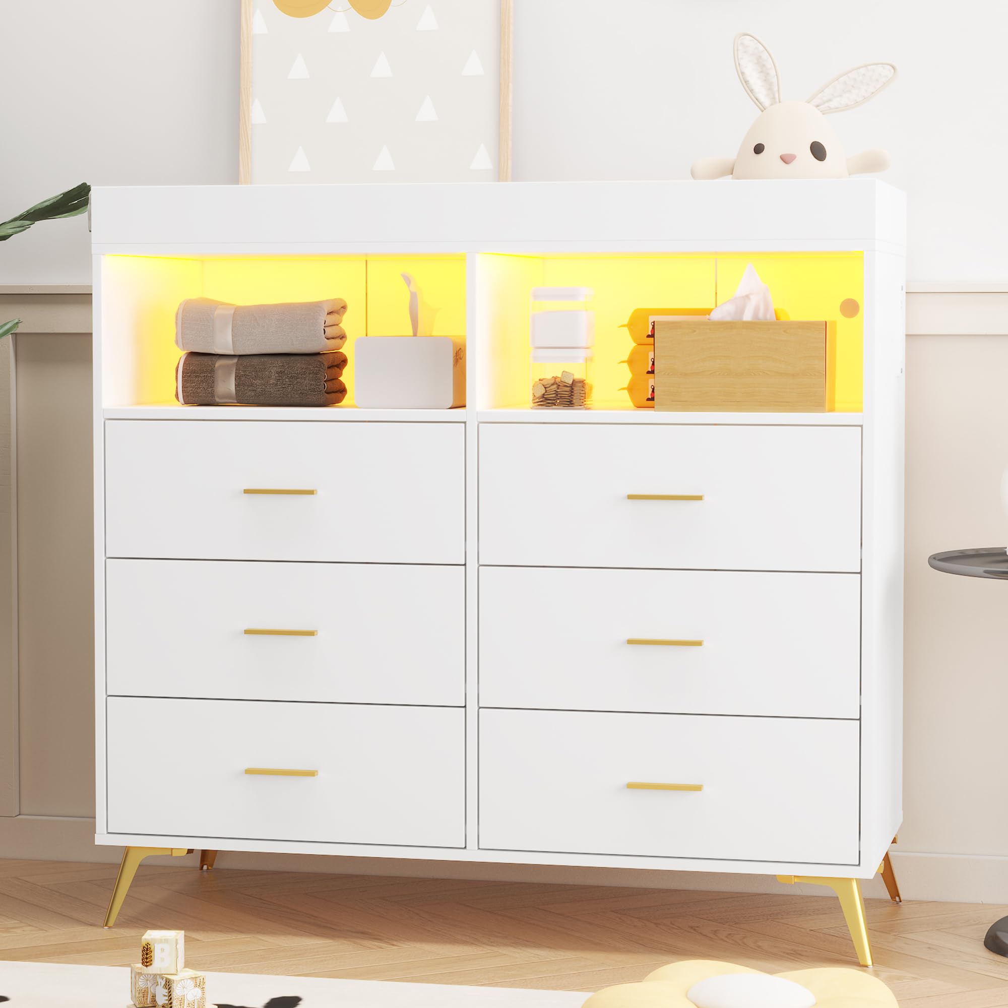 6-Drawer White Baby Changing Dresser with LED Lights & USB Charging Station - Nursery & Bedroom Storage Organizer for Diapers, Clothes & Essentials