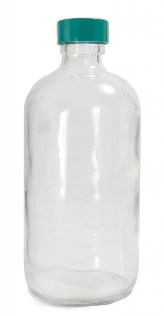 GLC-01122 4 oz Clear Boston Round Bottle with 22-400 Green Thermoset F217 & PTFE Lined Cap - Vacuum Sealed, Ionized Glass (Pack of 160) | Ideal for Essential Oils, CBD Tinctures, Cosmetics & Laboratory Use
