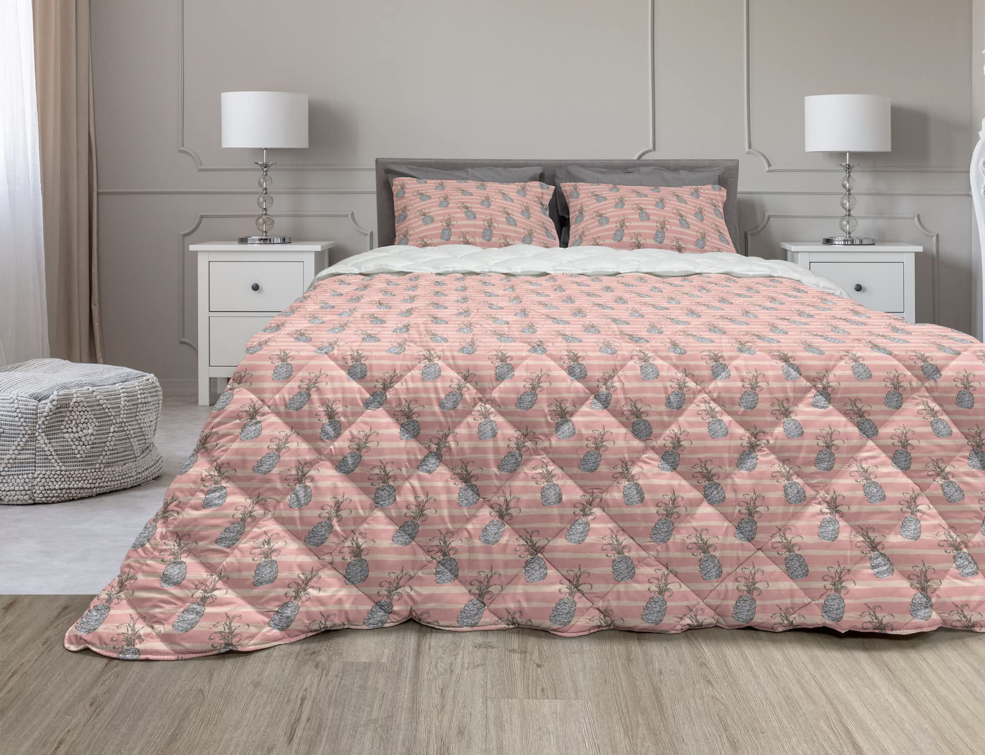 Ambesonne Pineapple Comforter & Sham Bedding Set - Pastel Tropical Fruit Print on Brushstroke Stripes, 3-Piece Duvet Cover Set with Microfiber Filling, Full Size in Pale Pink & Purple | Boho Chic Bedroom Decor for Teens & Adults, Soft & Breathable Summer Quilt for Guest Room or Dorm