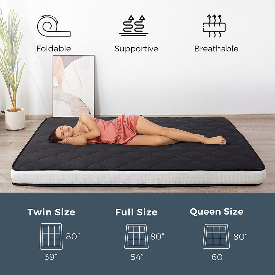 MAXYOYO Extra Thick Foldable Japanese Floor Mattress - Black | Comfortable Futon for Guest Bed, Camping & Small Space Living