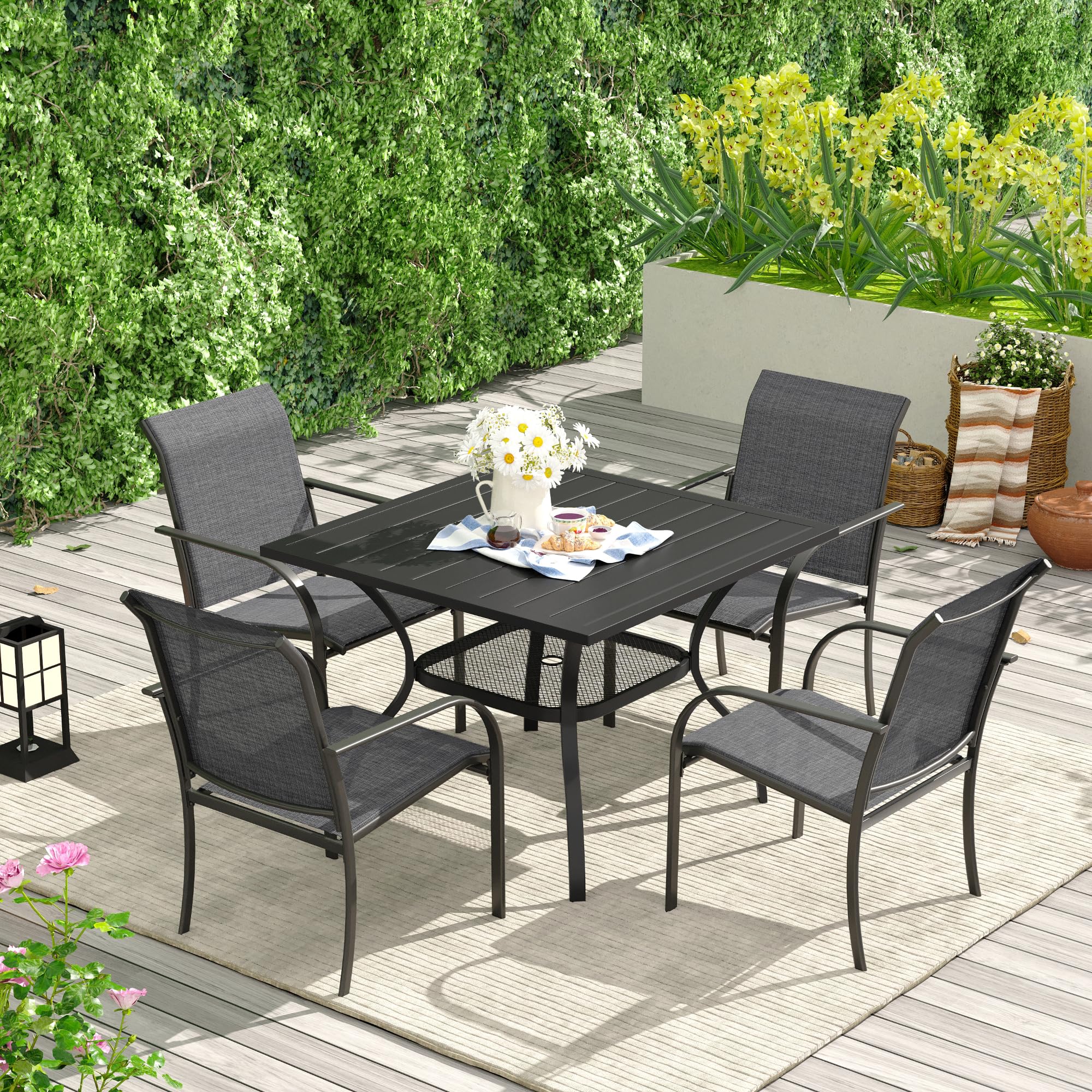 VICLLAX 4-Person Square Metal Patio Dining Table with Umbrella Hole & Storage Shelf - Outdoor Garden, Lawn, Balcony, Deck Furniture (Black) - Perfect for Backyard BBQs, Poolside Dining, and Outdoor Entertaining