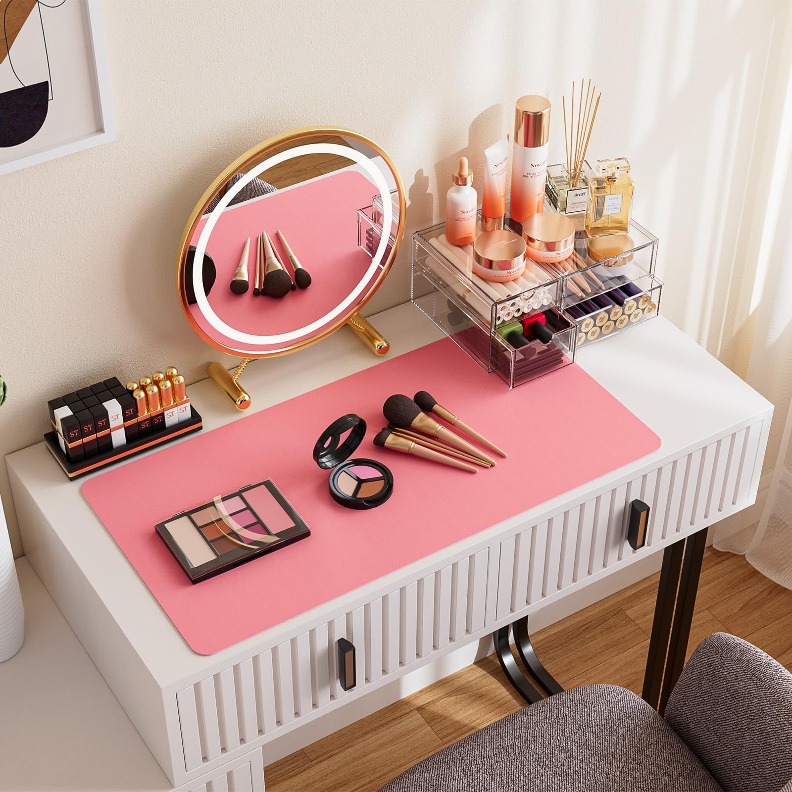**Noverlife Double-Sided Waterproof Vanity Mat - 23.62x11.81in Blue & Pink Makeup Table Cover, Craft & Nail Art Hand Rest Pad, Laptop Desk Protector for Dressing Table & Beauty Station**    *(Perfect for makeup application, nail art, crafting, and protecting desks from spills & scratches!)*