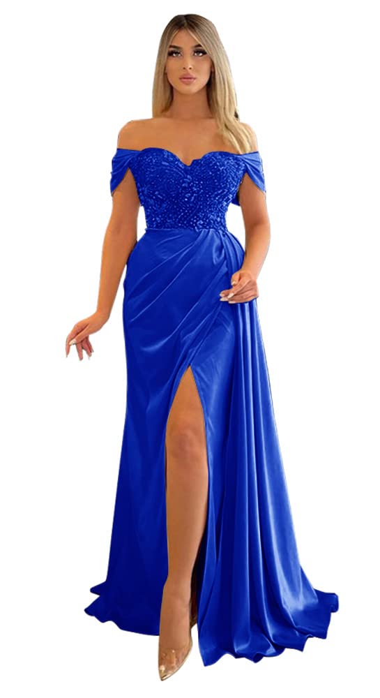 Elegant Mermaid Slit Prom Dresses 2024 | Off Shoulder Beaded Bridesmaid Gowns | Formal Evening Party Dresses for Women | Perfect for Prom Night, Weddings & Special Occasions