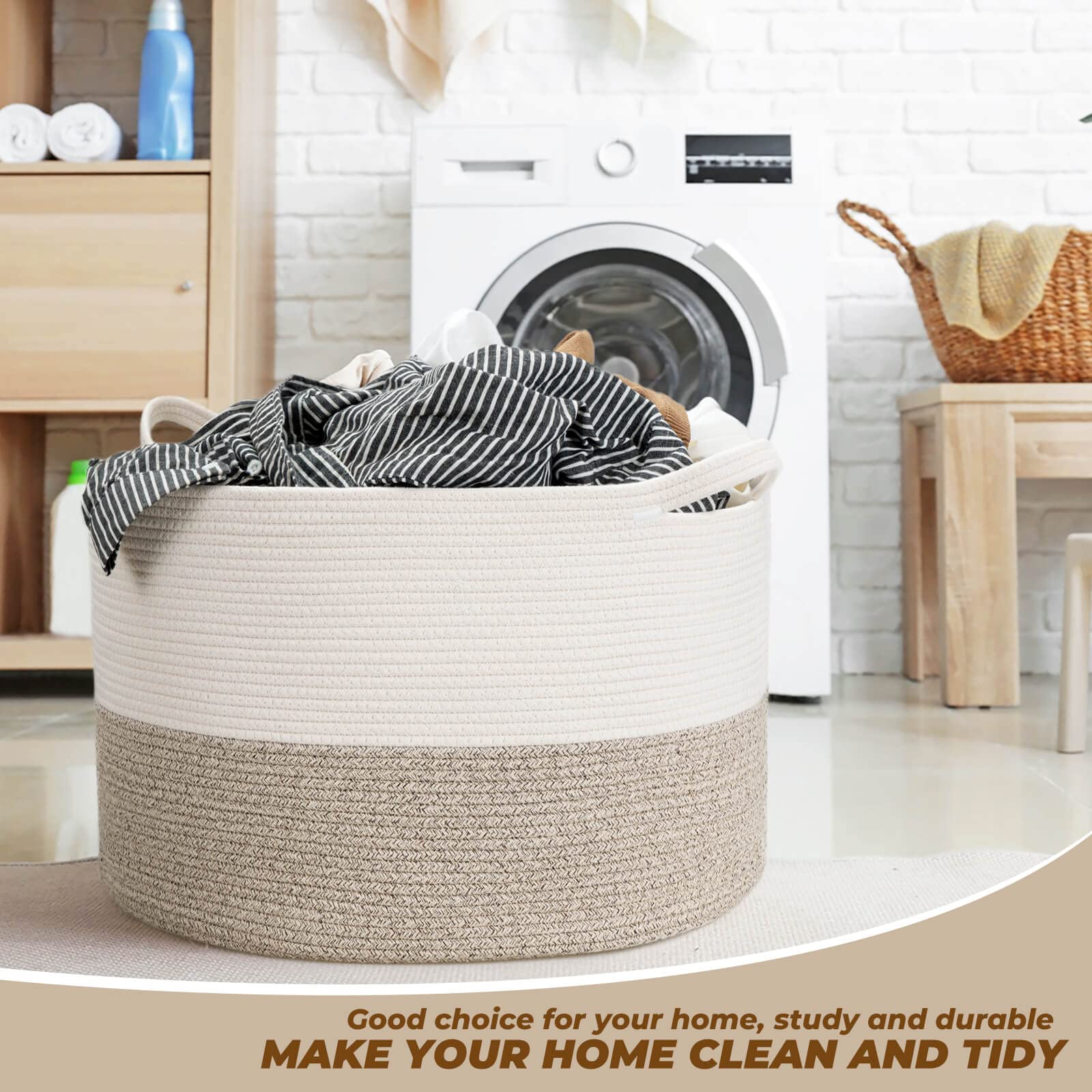 Extra Large Storage Basket for Blankets, Toys, and Laundry - Heavy Duty Woven Hamper with Handles for Living Room, Nursery, or Bathroom - Perfect for Organizing Baby Clothes, Pillows, and Home Essentials (White & Brown)