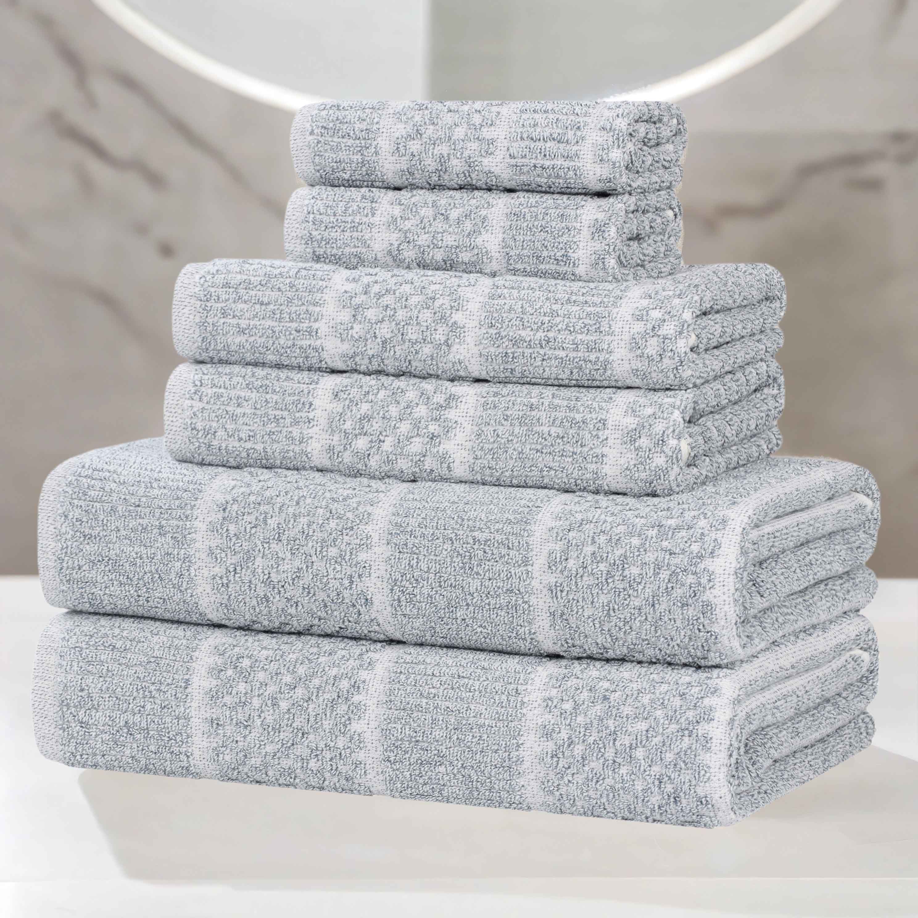Premium 6-Piece Cotton Blend Towel Set - Medium Weight, Checkered & Ribbed Design for Bath, Spa, and Beach | Soft & Absorbent Bath Towels, Hand Towels & Washcloths | Luxury Home & Hotel Collection