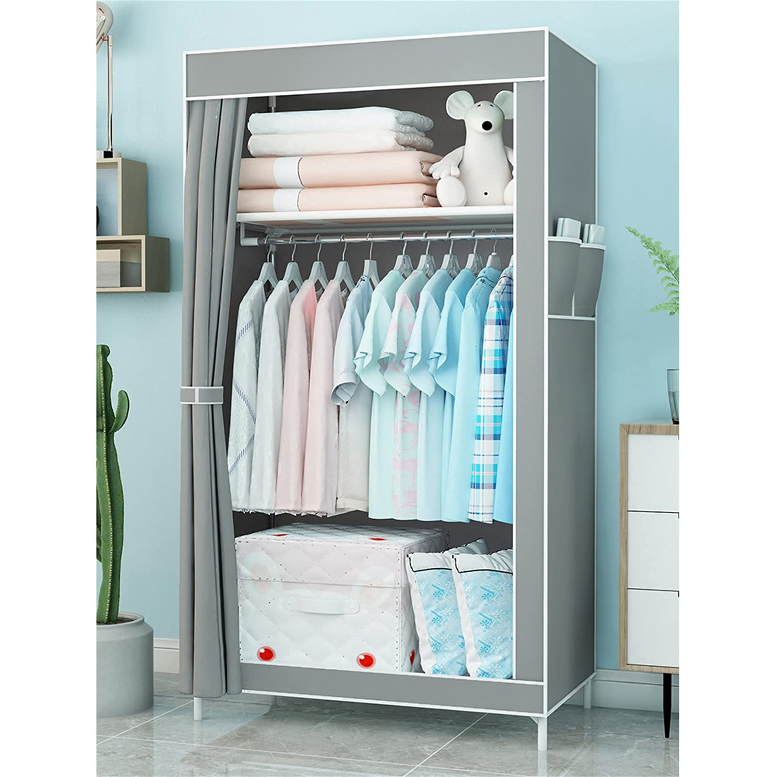 Portable Fabric Wardrobe Closet - Foldable Storage Organizer with Shelves & Hanging Space (155x43x70cm) for Bedroom, Dorm, Apartment - Space Saving Clothes Rack for Travel & Small Spaces