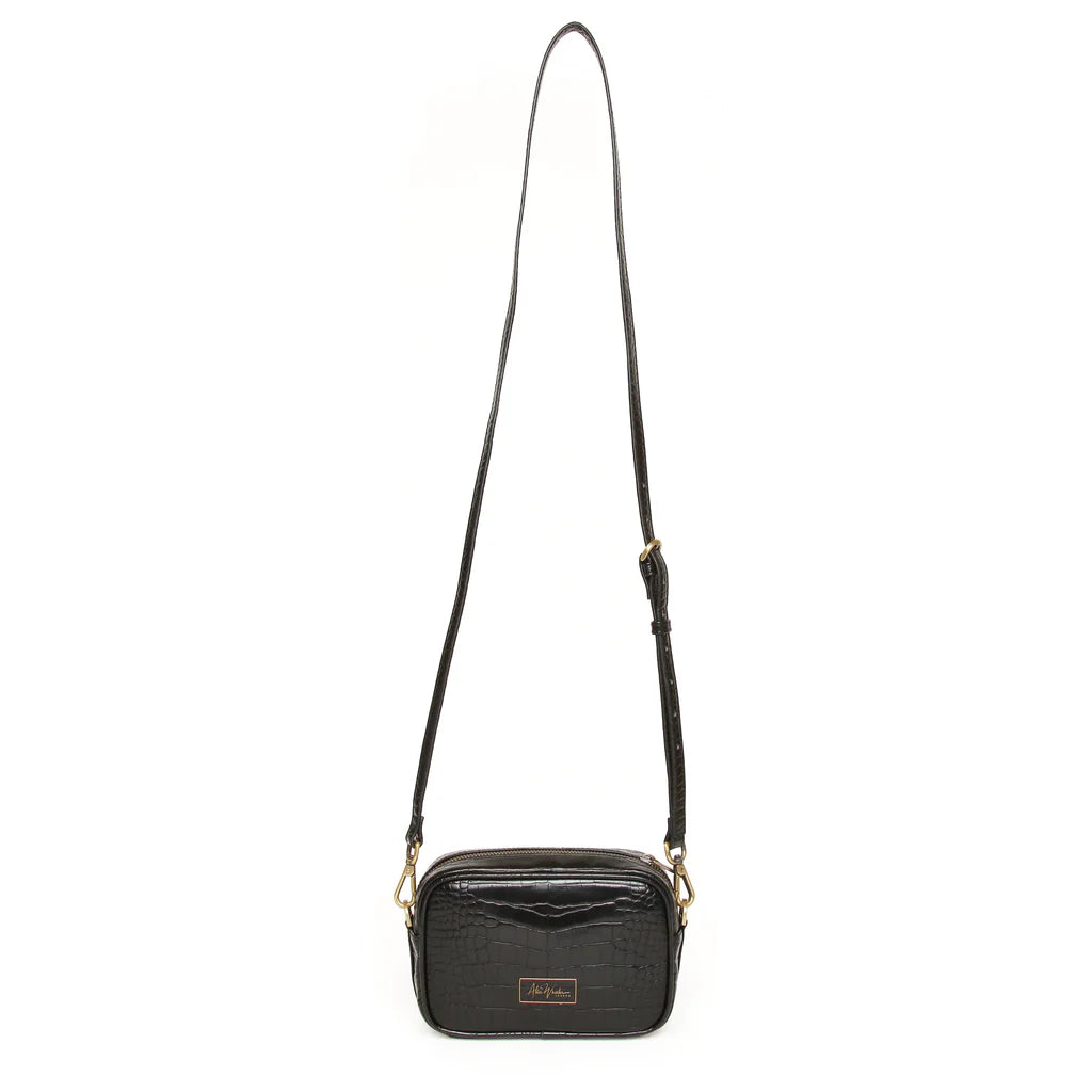 Alice Wheeler Mini Crossbody Bag - Black Crocodile Embossed Leather Purse for Women | Fashionable Everyday Shoulder Bag for Work, Travel & Date Night