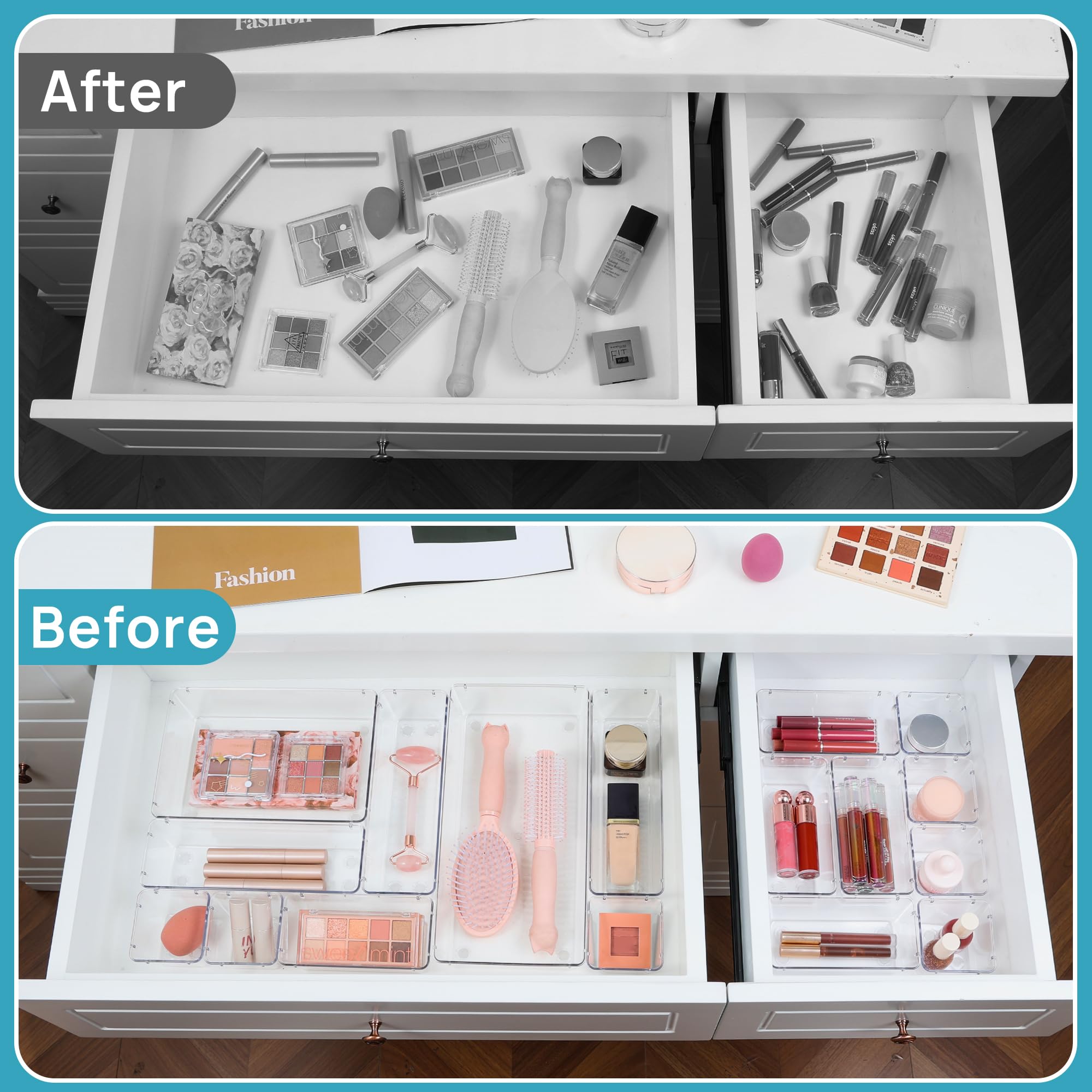 Vtopmart 88-Piece Clear Plastic Drawer Organizer Set - 5-Size Bathroom & Kitchen Storage Bins for Makeup, Vanity, Utensils, Office Supplies - Perfect for Home Organization & Decluttering