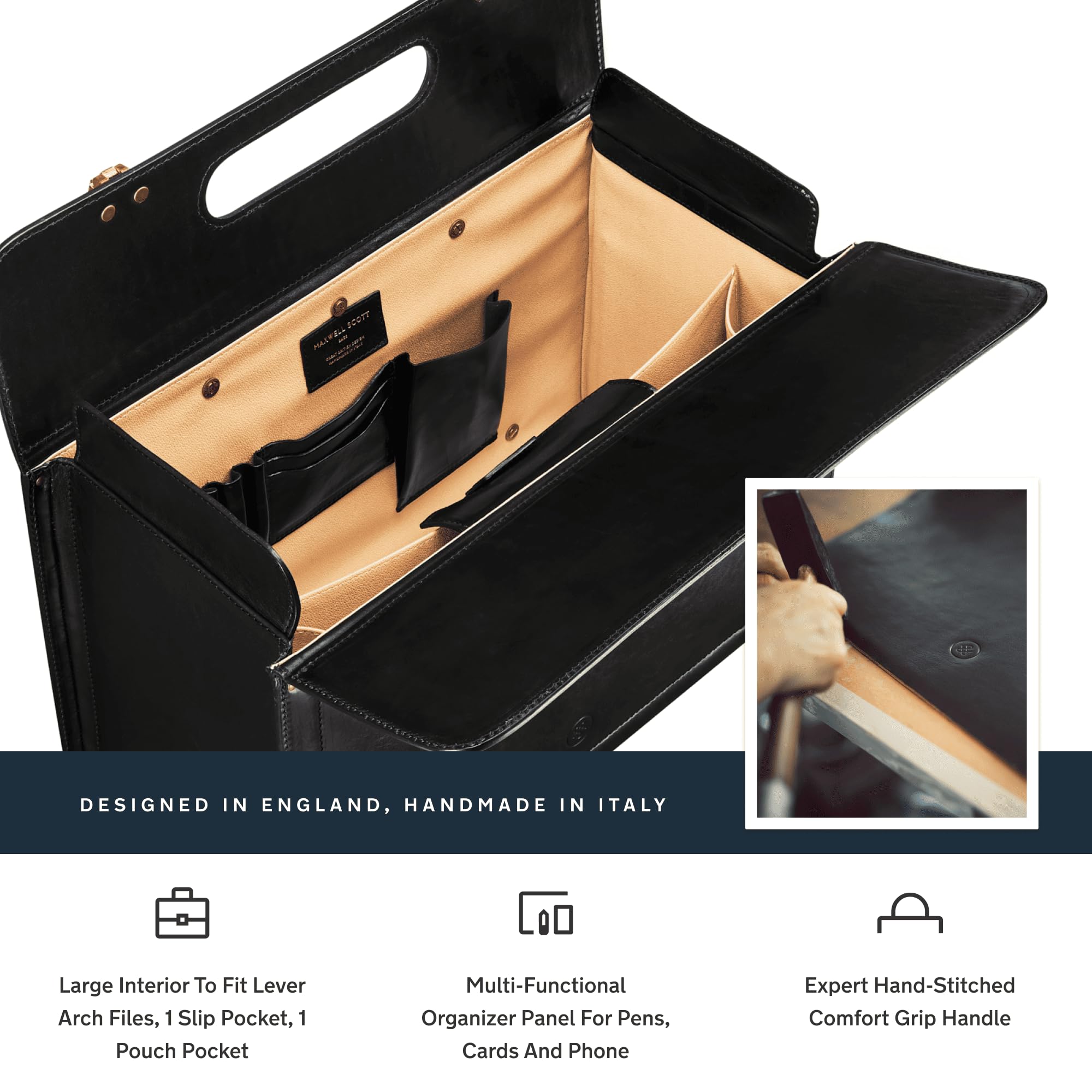 Maxwell Scott Personalized Men's Luxury Leather Rolling Wheeled Pilot Briefcase - The VareseW Black | Professional Business Travel Carry-On Case for Airplane & Office Use