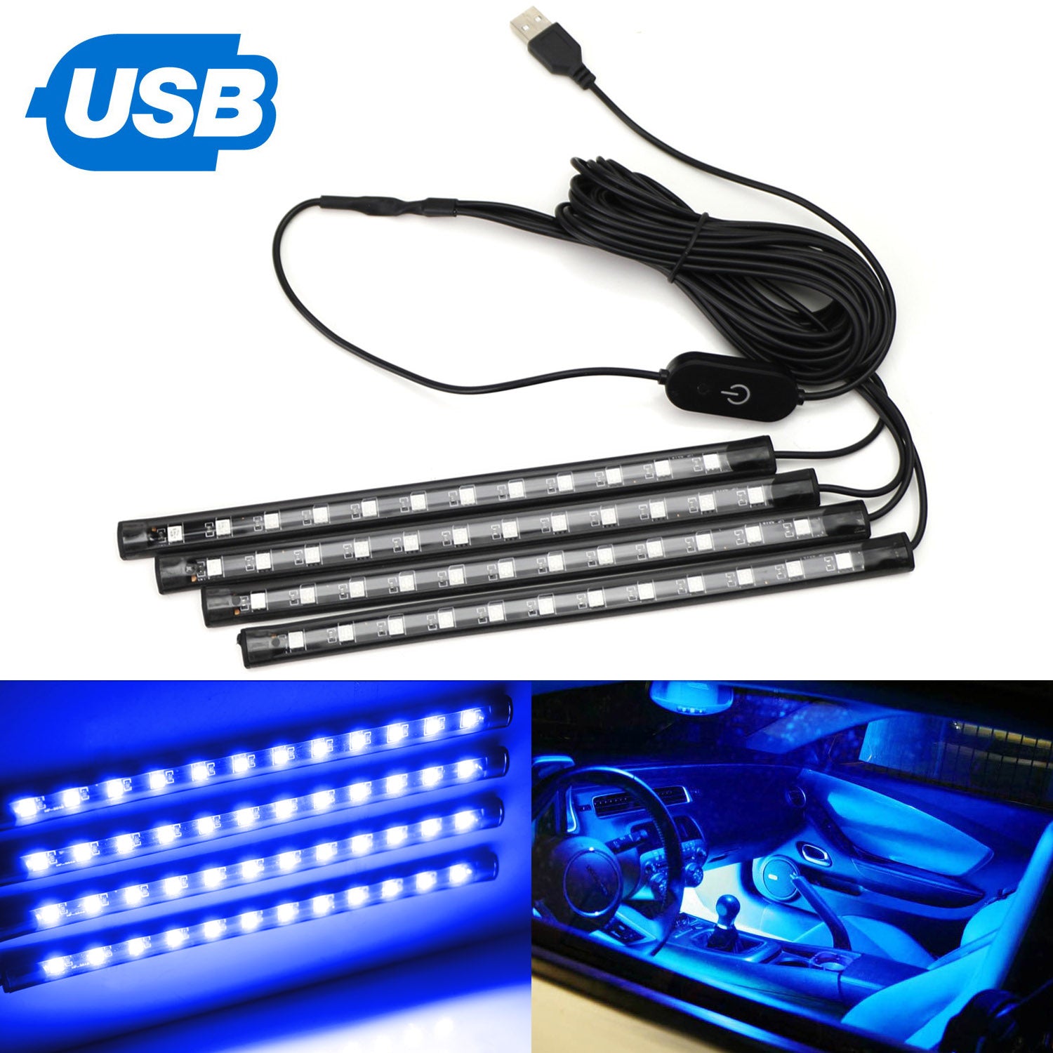 4-Piece Blue LED Ambient Car Lighting Kit - 9 LED Lights for Interior Decoration (5V USB Powered) - Perfect for Night Driving & Car Customization
