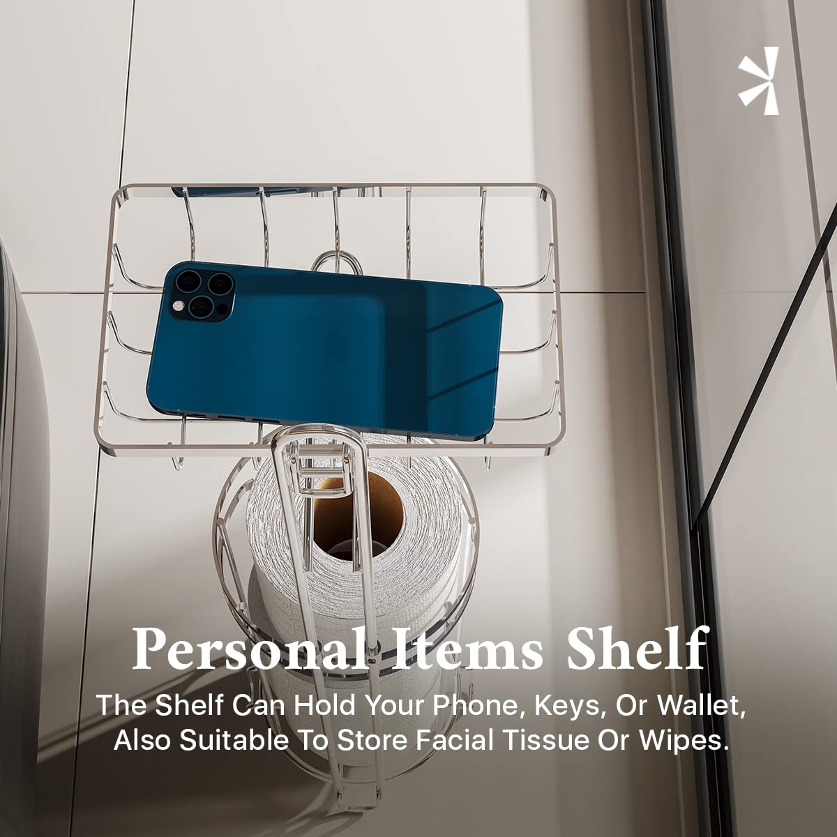 Eviva Chrome Phone Shelf & Toilet Paper Holder - Bathroom Organizer for Smartphones, Tissues & Essentials | Perfect for Home, Office & RV Use