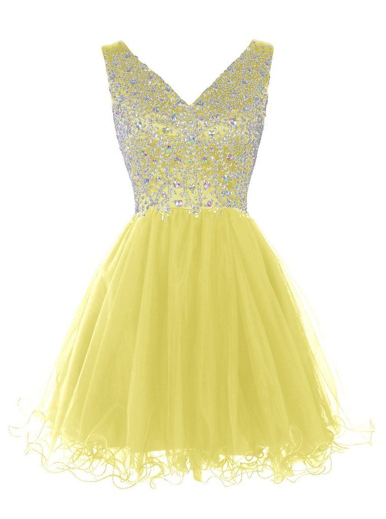 Elegant Women's Short V-Neck Beaded Tulle Cocktail Dress for Party, Homecoming, Prom & Special Occasions