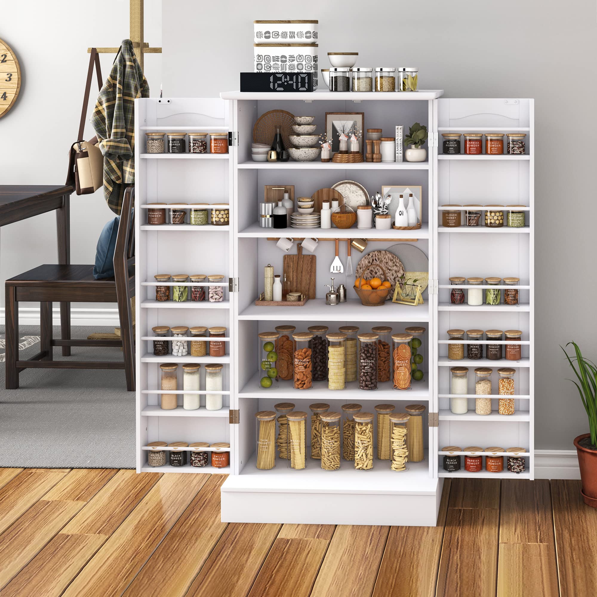 Jehiatek 47” White Freestanding Kitchen Pantry Cabinet with Adjustable Shelves & Doors - Perfect for Kitchen, Living Room, and Dining Room Storage Solutions
