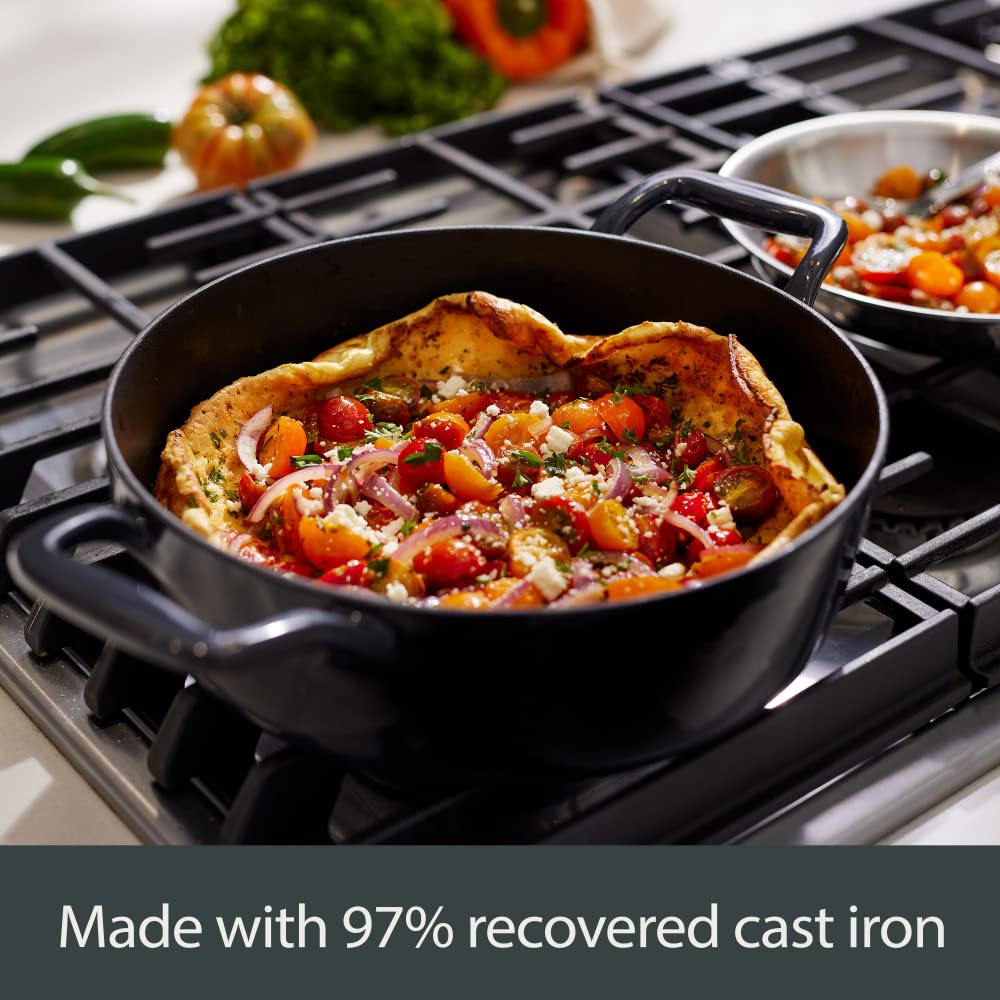 All-Clad 11 Inch Enameled Cast Iron Square Grill Pan with Acacia Wood Trivet - Induction, Oven & Broiler Safe Up to 650°F - Premium Black Cookware for Grilling, Searing & Roasting - Perfect for Steaks, Burgers & Vegetables