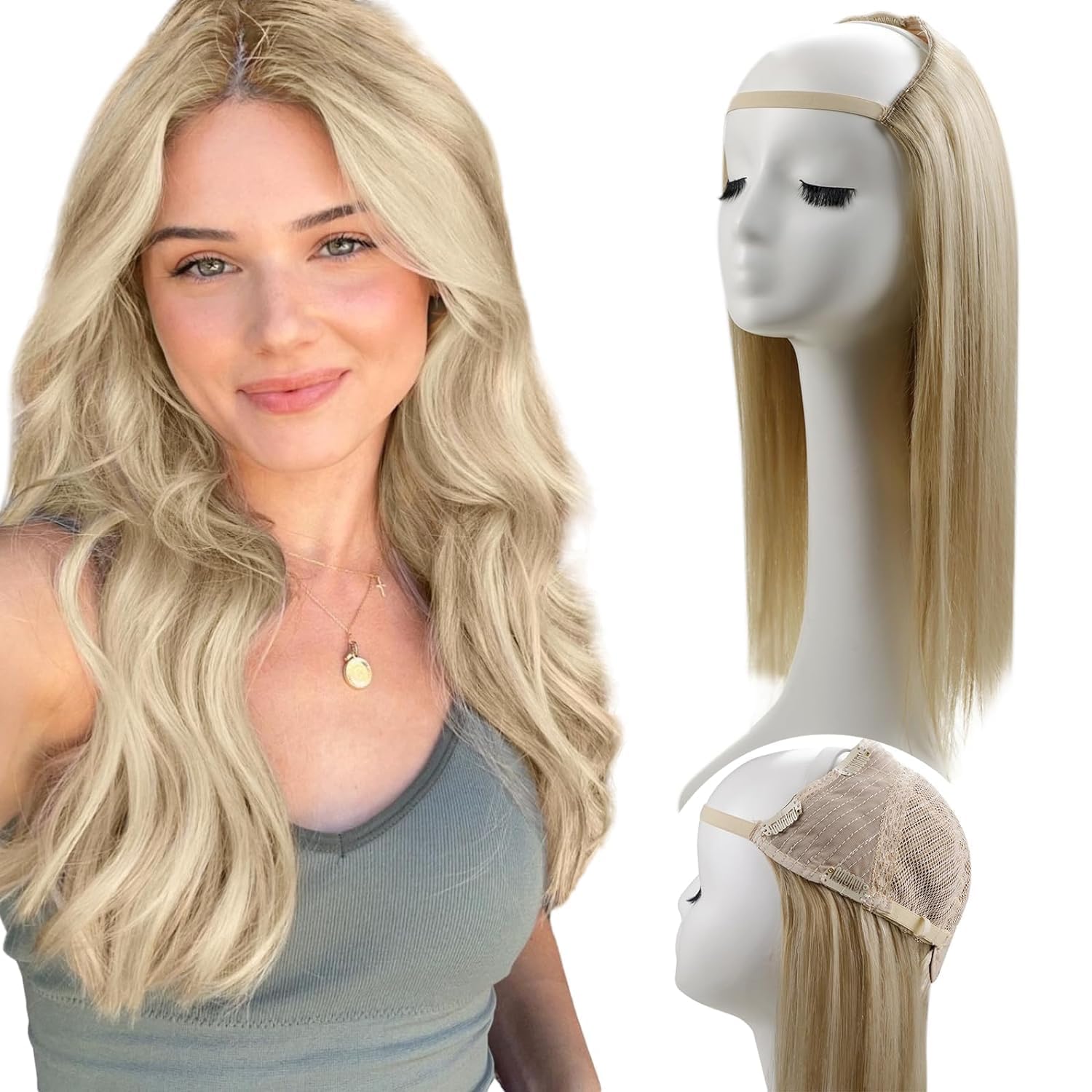 RUANTURE 20 Inch U Part Wig - 100% Real Human Hair Blonde Wig with 150% Density, Remy Hair, 3/4 Head Half Wig in Straight Dark Blonde & Light Blonde Highlights - Perfect for Daily Wear, Parties, and Special Occasions