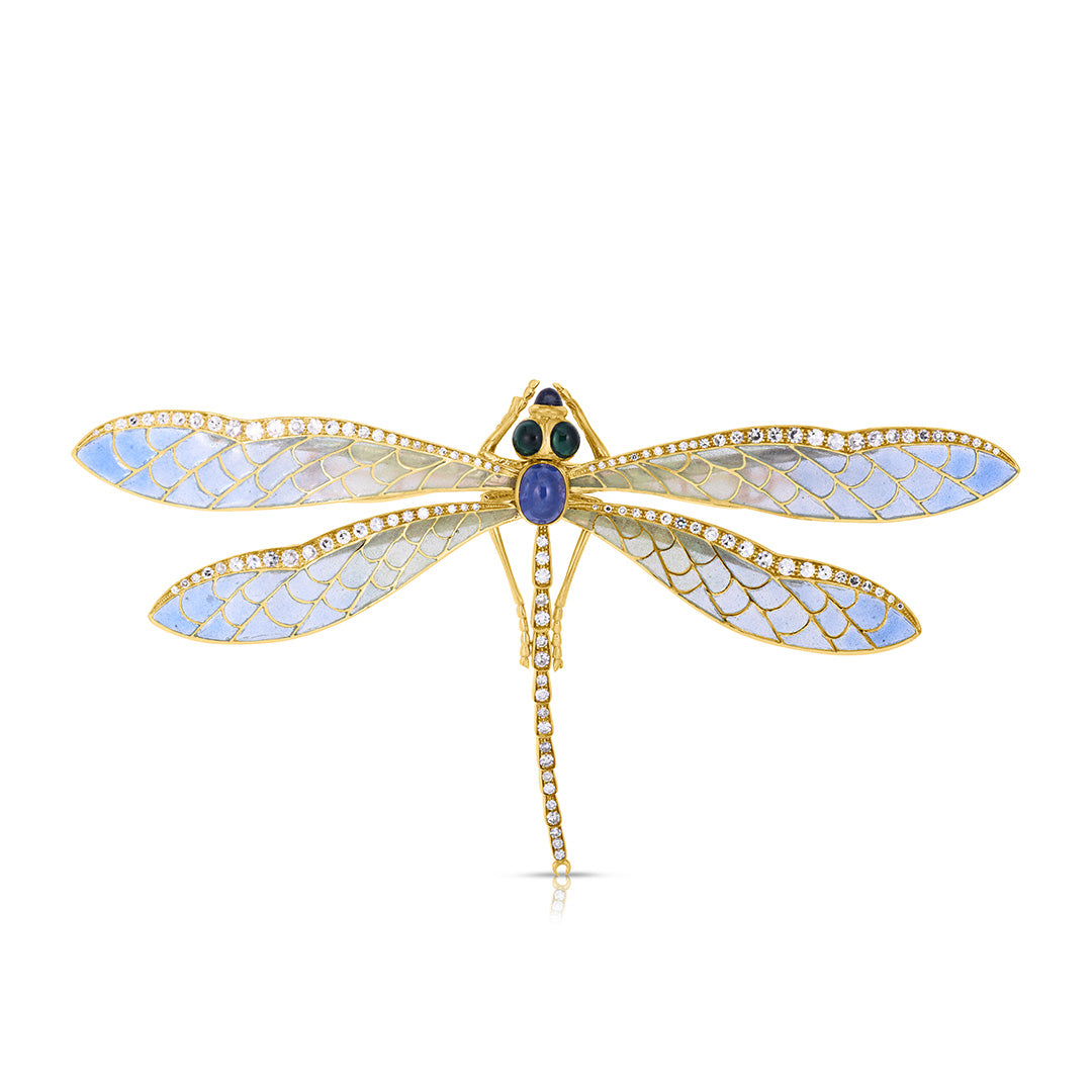 Exquisite Plique à Jour Dragonfly Brooch with Sapphire, Emerald & Diamond - Vintage Jewelry for Women - Perfect for Weddings, Parties & Special Occasions