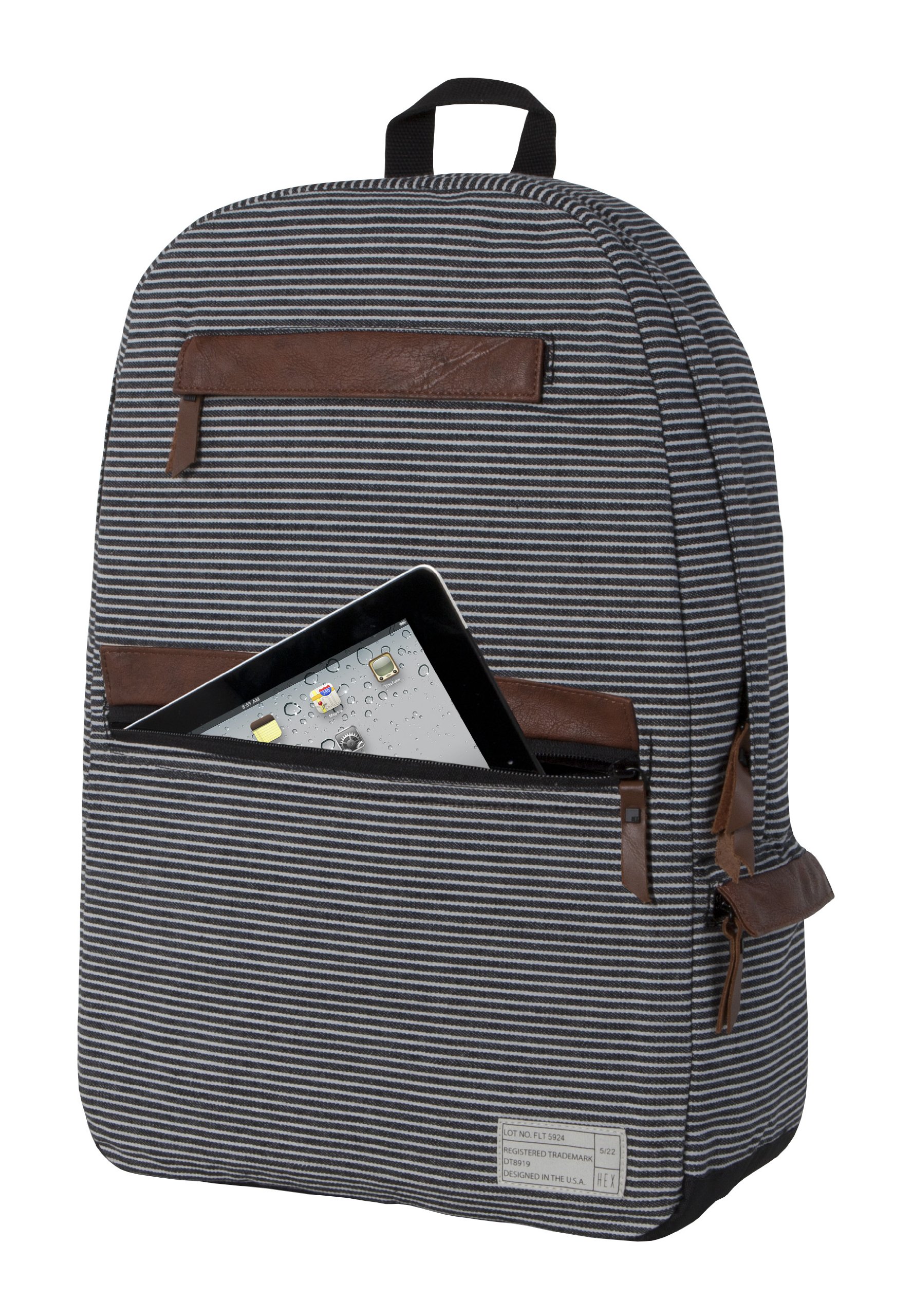 HEX Fleet Collection Laptop Backpack for 15-Inch MacBook Pro - Water Resistant Travel Backpack with USB Charging Port, Black/Grey Stripe (HX1082 - BYST) - Perfect for Work, School & Business Travel