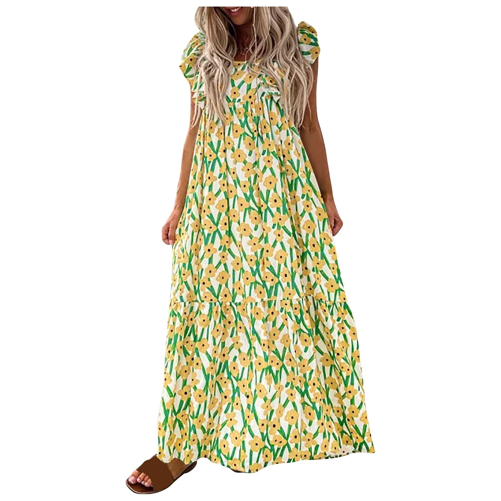 Boho Vintage Women's Summer Casual Sleeveless Ruffle Sundress - Beach Tank T-Shirt Dress for Women | Perfect for Vacations, Pool Parties & Summer Outings