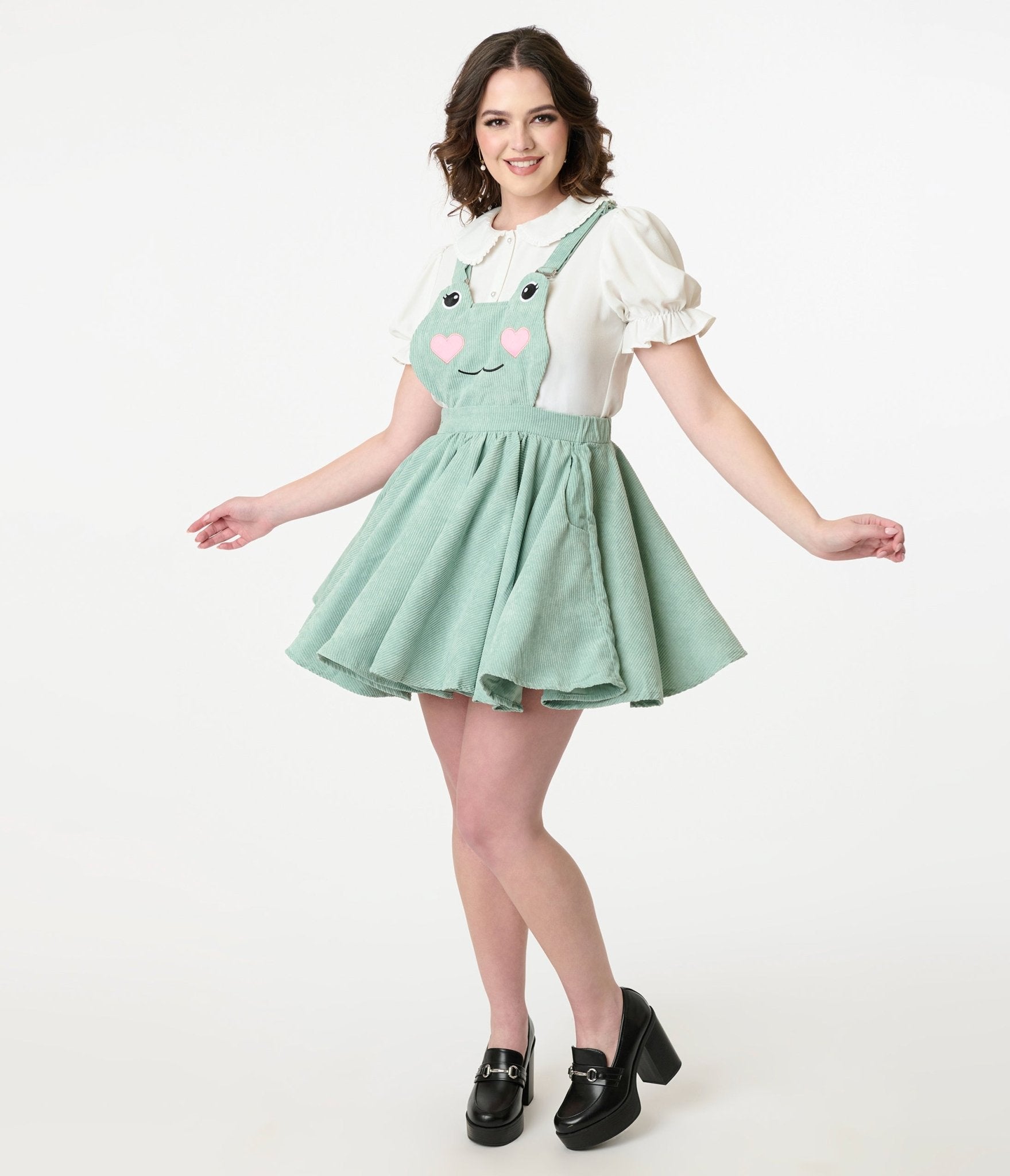Miss Candyholic Green Frog Corduroy Pinafore Dress - Cute Cartoon Animal Print Jumper for Women & Girls - Perfect for Casual Wear, Cosplay, and Kawaii Fashion