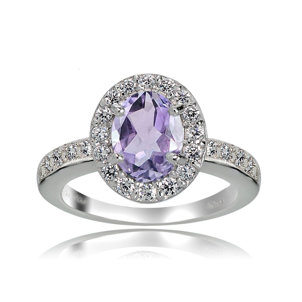 Sterling Silver Amethyst and White Topaz Oval Halo Ring – Elegant Ice Gems Jewelry for Women, Perfect for Engagement, Wedding, Anniversary & Special Occasions