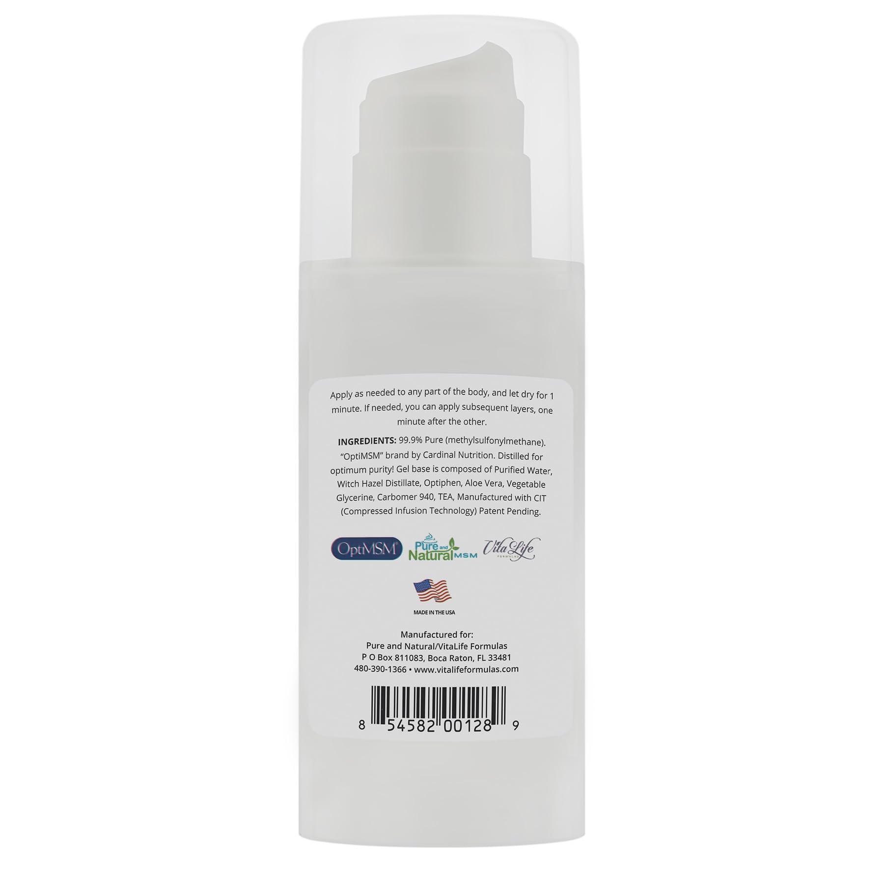 VitaLife Formulas MSM Gel with OptiMSM - Joint Pain Relief, Reduces Stiffness & Swelling, Improves Mobility & Collagen Production - Made in USA (4oz Airless Pump) - Perfect for Athletes, Arthritis Sufferers & Active Lifestyles