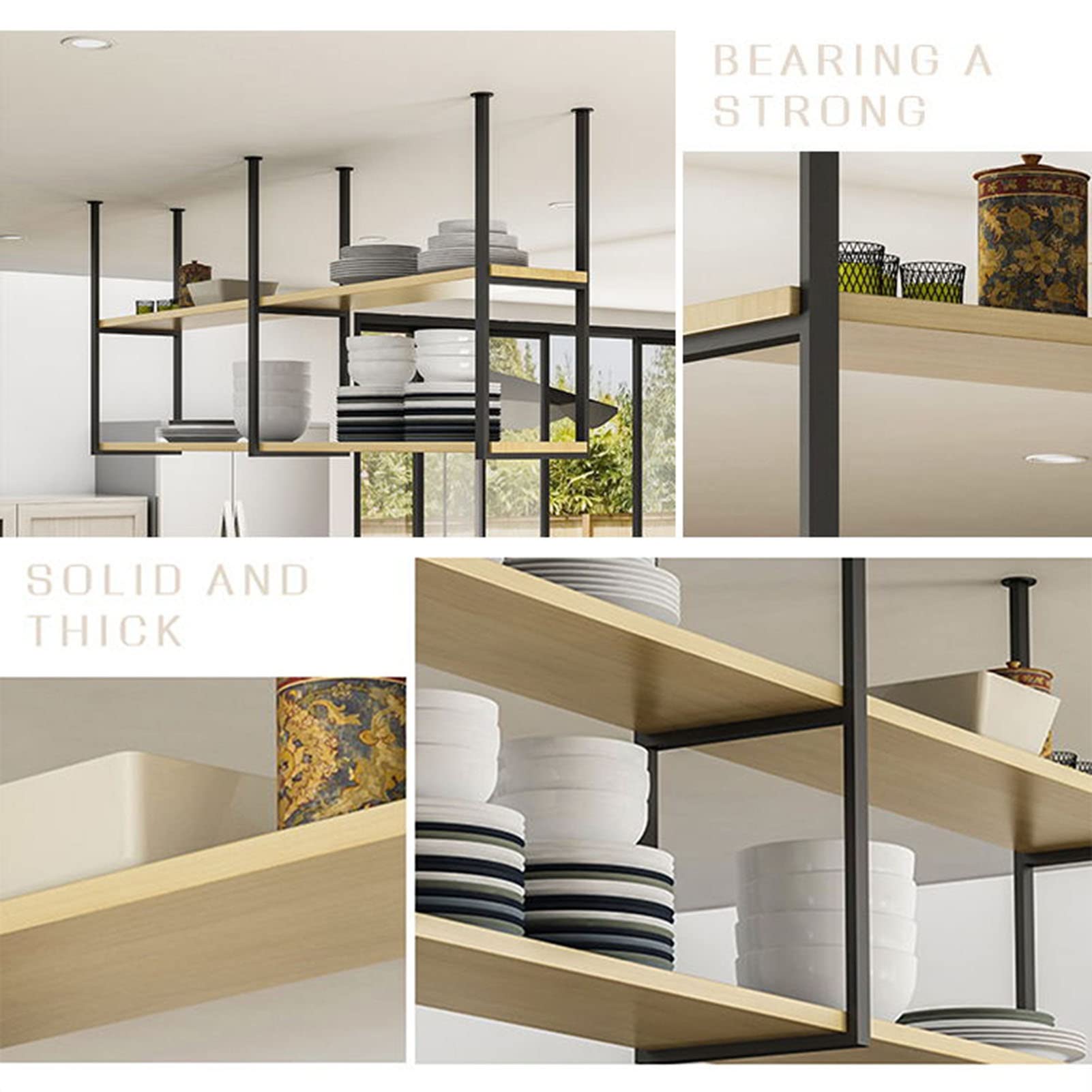 Industrial Black Wrought Iron Floating Shelf with Solid Wood - 80x30x80cm Ceiling Mounted Storage for Wine, Plants & Kitchen Decor | Perfect for Modern Home, Bar, Restaurant & Office Display