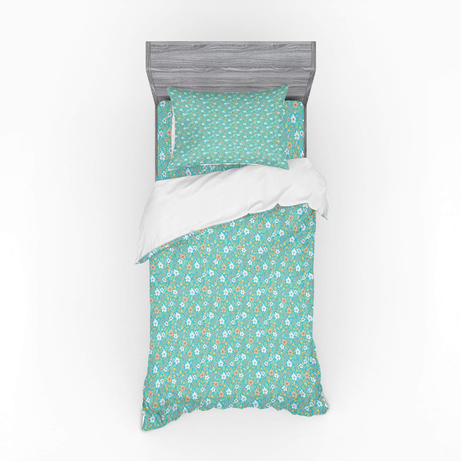 Ambesonne Floral Bedding Set - Hand-Drawn Botanical Design Duvet Cover with Sham & Fitted Sheet, 3-Piece Twin Size in Turquoise Peach | Perfect for Boho Bedroom Decor & Guest Room Makeover