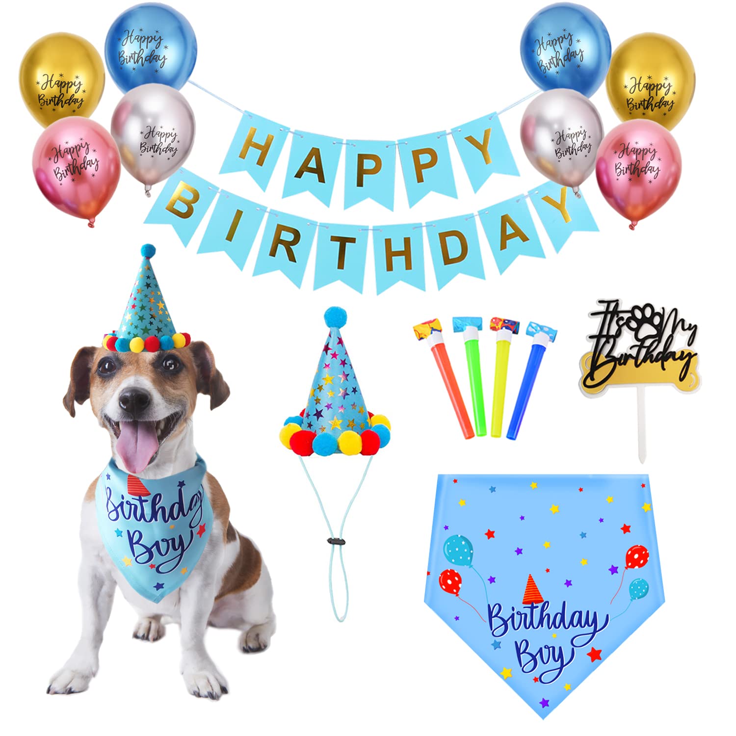 IDOLPET Dog & Cat Birthday Party Supplies Set - Blue Birthday Bandana, Party Hat, Banner, Balloons, Horns & Cake Topper for Small Medium Dogs & Puppies | Perfect for Pet Birthday Celebrations & Photo Shoots
