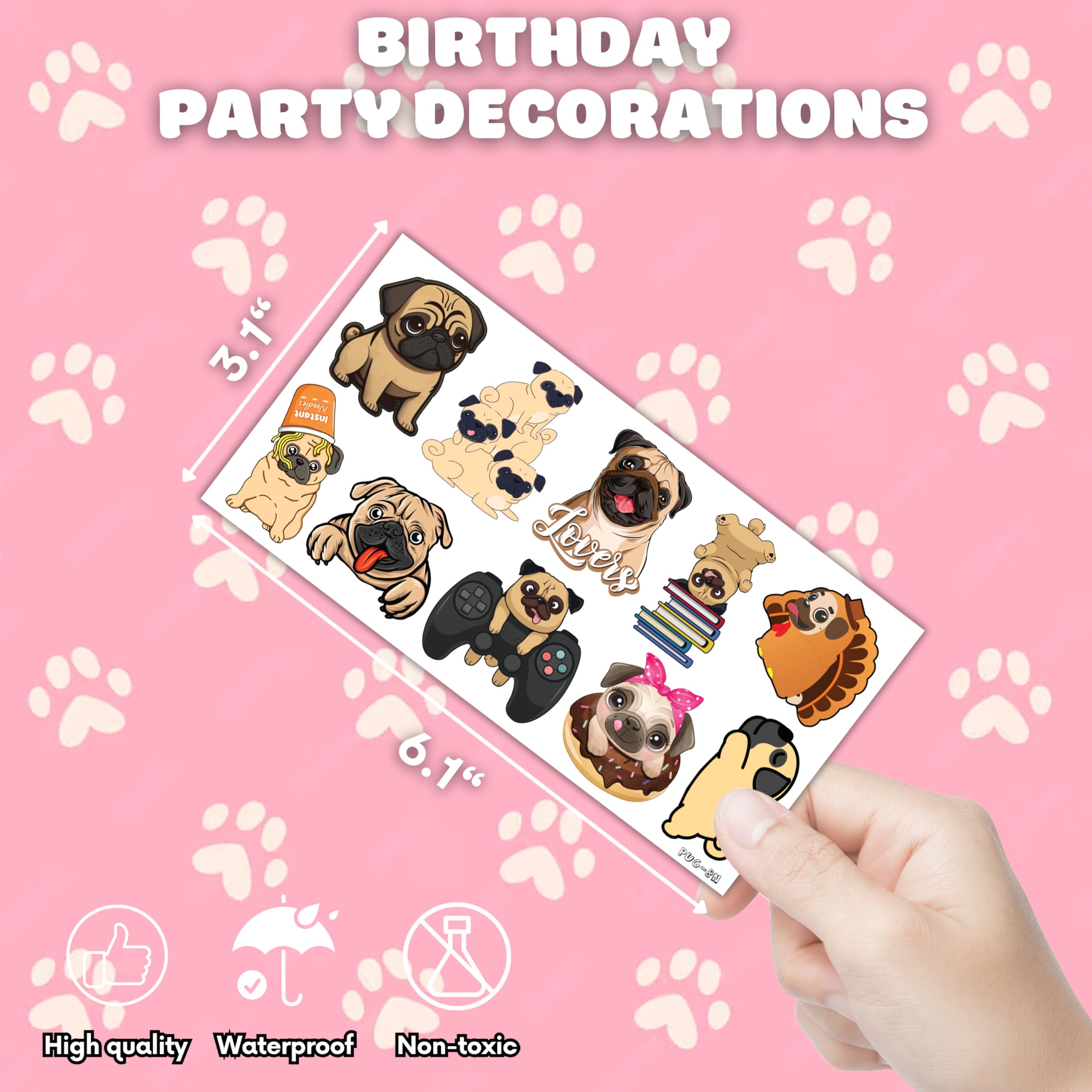 86 PCS Pug Temporary Tattoos - Cute Dog Puppy Stickers for Kids Birthday Party Decorations, School Prizes & Rewards | Fun Favors for Girls, Boys & Dog Lovers | Perfect for Themed Parties, Classroom Incentives & DIY Crafts