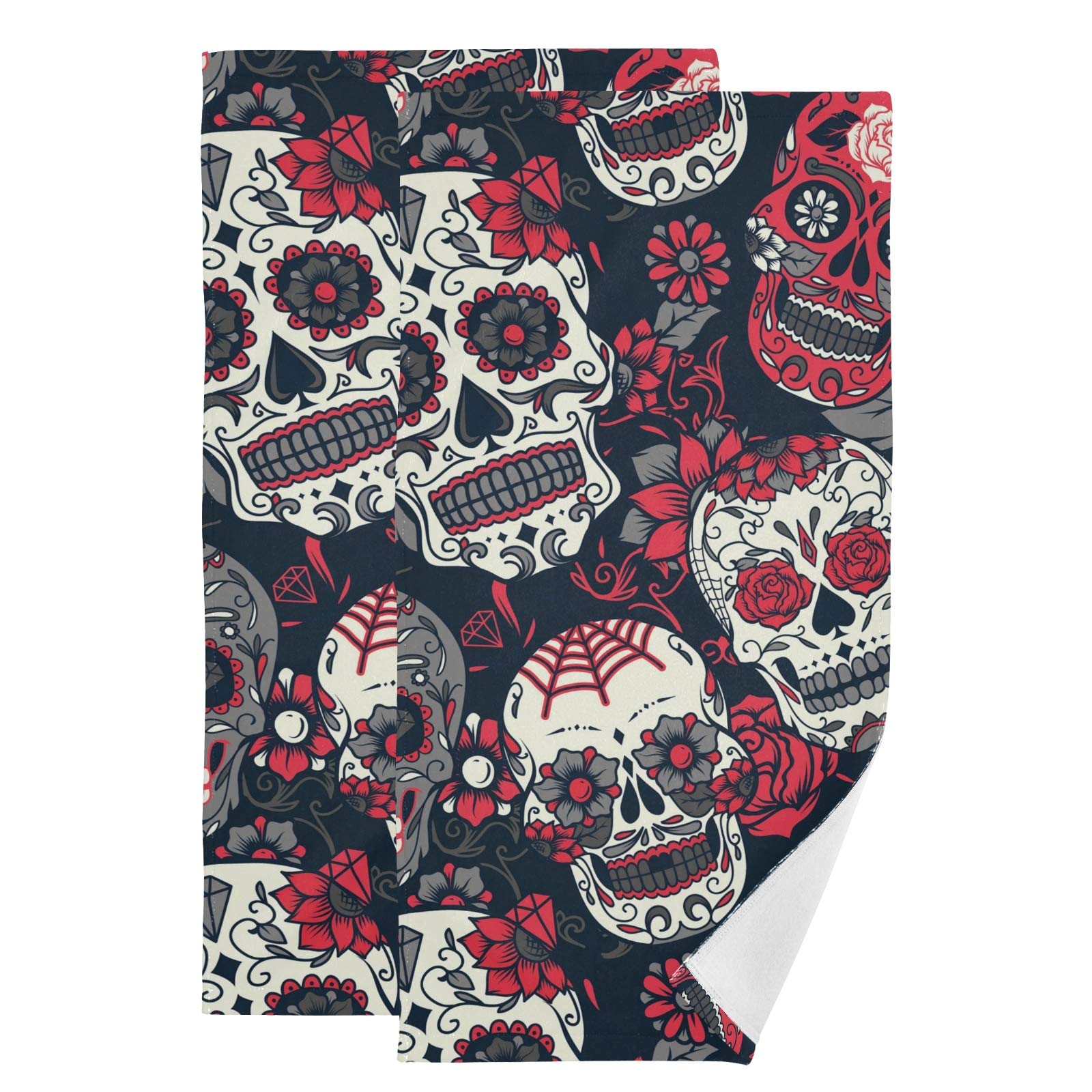 Colorful Sugar Skull Absorbent Hand Towels - 2 Pack Soft Face & Fingertip Towels (28x14 Inch) for Kitchen, Bathroom, Gym, Spa | Day of The Dead Decor, Guest Towels for Home, Hotel & Swimming Pool Use