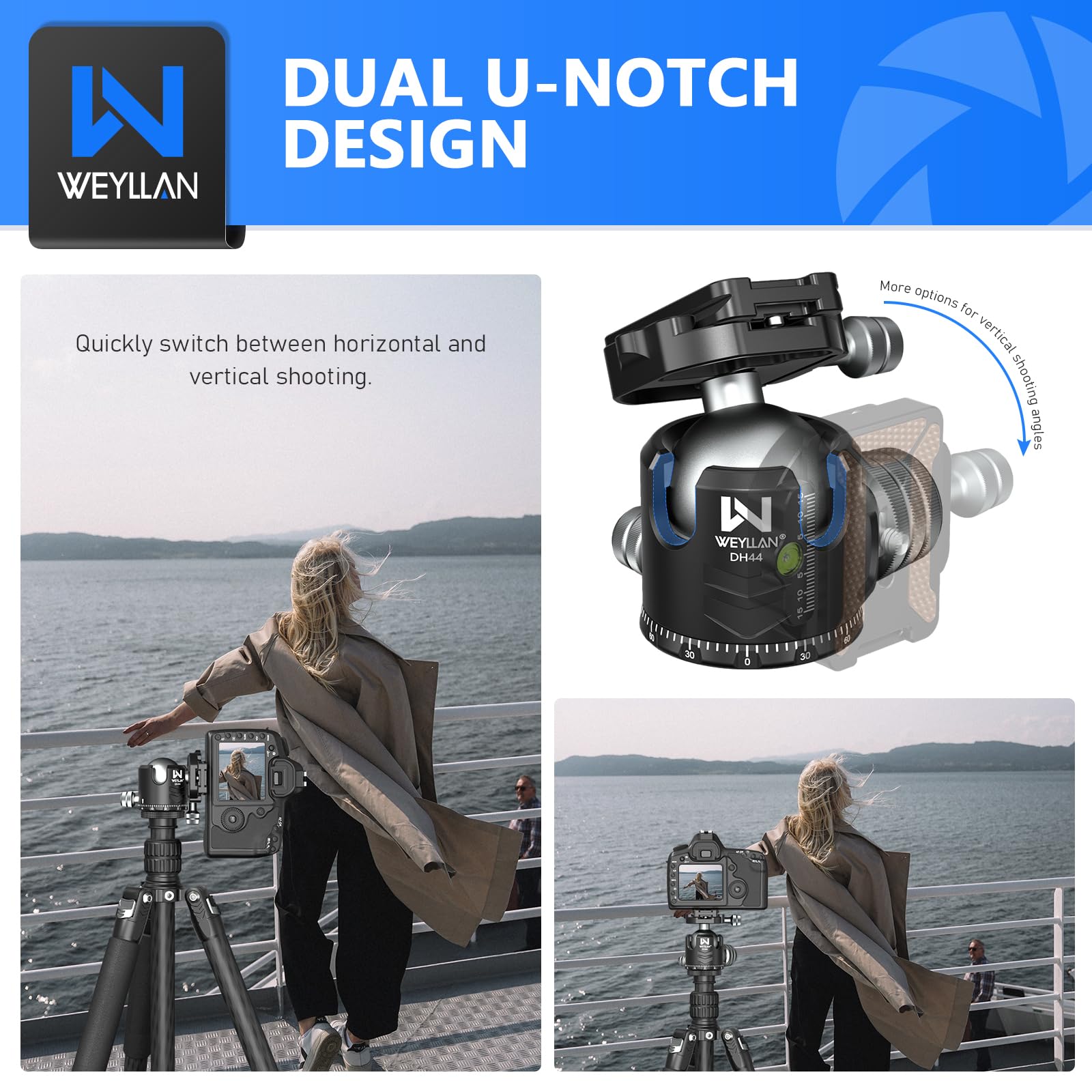 WEYLLAN DH44 44mm Low Profile Ball Head - 360° Metal Panoramic Tripod Head with 2 Quick Release Plates, Arca Compatible for DSLR Camera, Max Load 55lbs/25kg - Perfect for Landscape, Portrait & Travel Photography