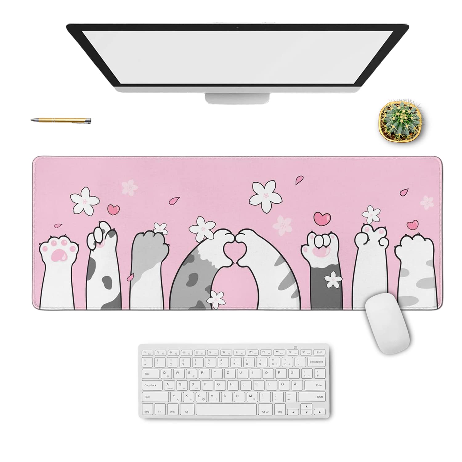 Cute Cat Paw Gaming Mouse Pad - Extra Large Pink Cherry Blossom Design (31.5