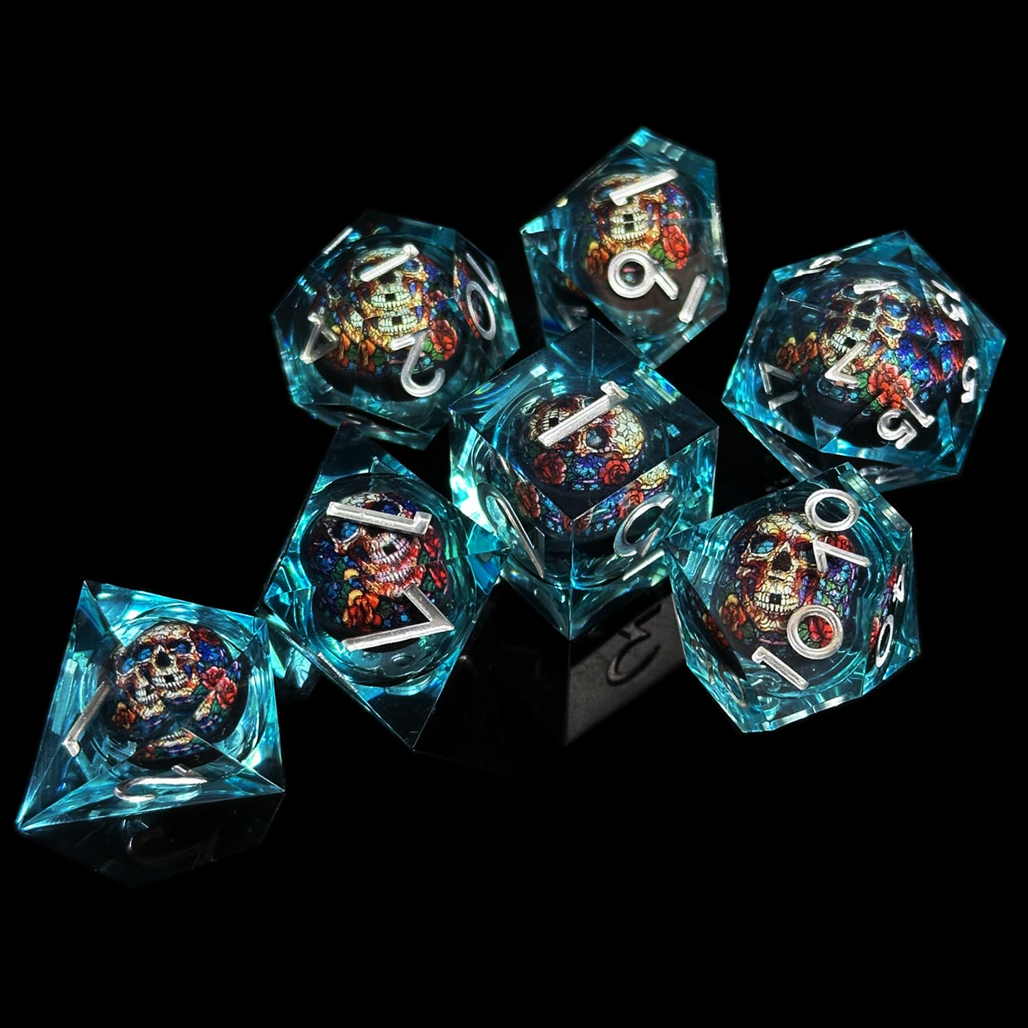 HAOMEJA Skull & Skeleton D&D Dice Set - 7-Piece Resin RPG Dice with Sharp Edges & Dragon Eye Gift Bag for Dungeons and Dragons, Pathfinder, Tabletop Roleplaying Games - Perfect for Gifts, Game Nights & Fantasy Adventures (Skull A & Blue)