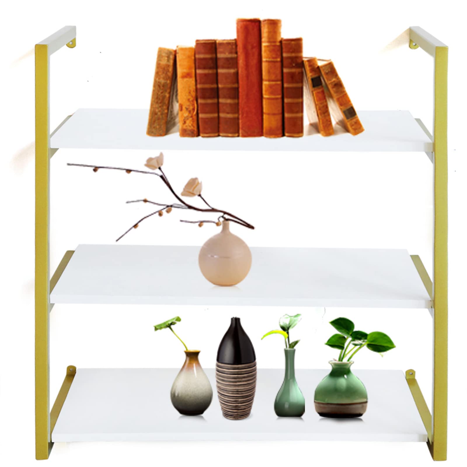 3 Tier Wooden Floating Shelves - Wall Mounted Bookshelves with Gold Metal Brackets, Heavy Duty Shelving for Bathroom, Bedroom, Living Room & Office - 24 Inch Rustic Wood Wall Shelf for Home Decor & Storage