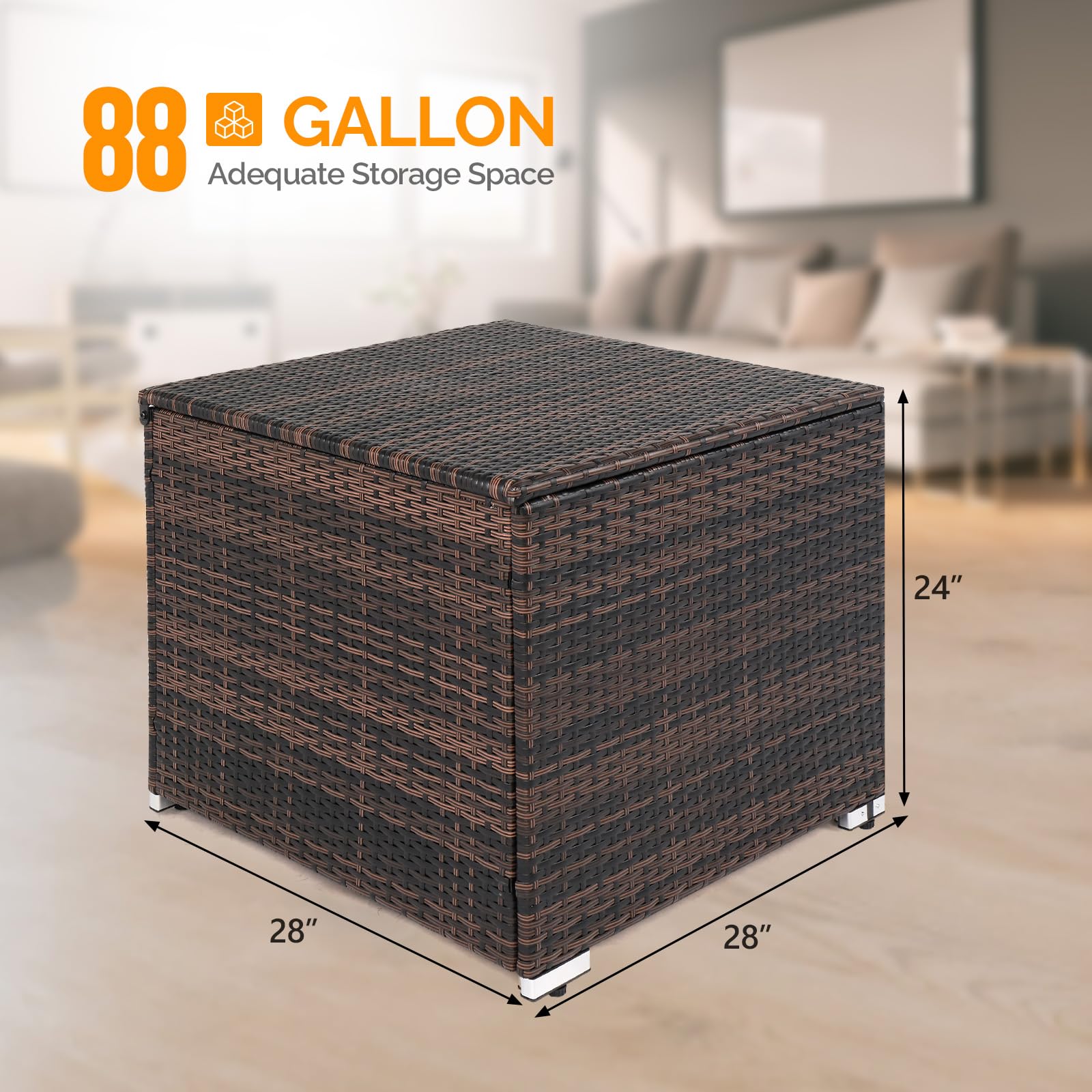 VINGLI 88 Gallon Outdoor Rattan Deck Box with Adjustable Feet - Waterproof Wicker Storage Container for Patio, Garden, Balcony, Porch, Pool & Yard - Perfect for Storing Tools, Cushions, Toys & Outdoor Supplies (Brown)