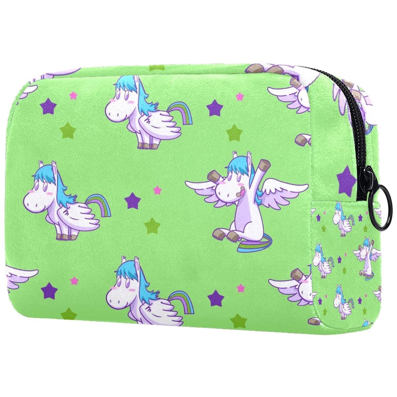 Cartoon Pegasus Stars Green Pattern Large Travel Makeup Bag - Waterproof Cosmetic Organizer with Zipper Pouch for Women & Girls - Perfect for Travel, Gym, and Daily Makeup Storage