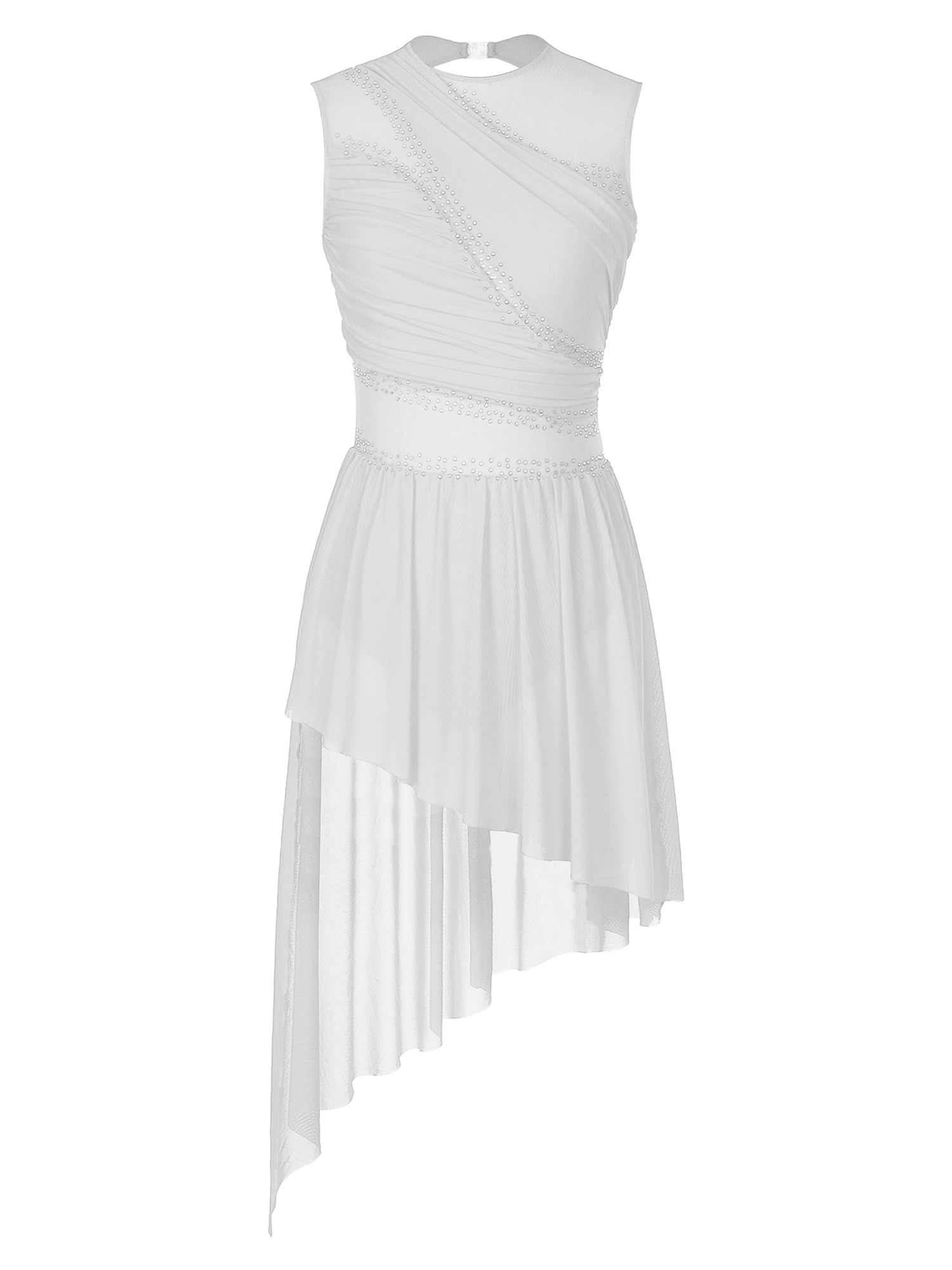 iiniim Women's Shiny Rhinestone Sheer Mesh Ice Skating Dress - Elegant Keyhole Back Lyrical Dance Costume for Performances, Competitions, Stage Shows, Recitals, and Gymnastics