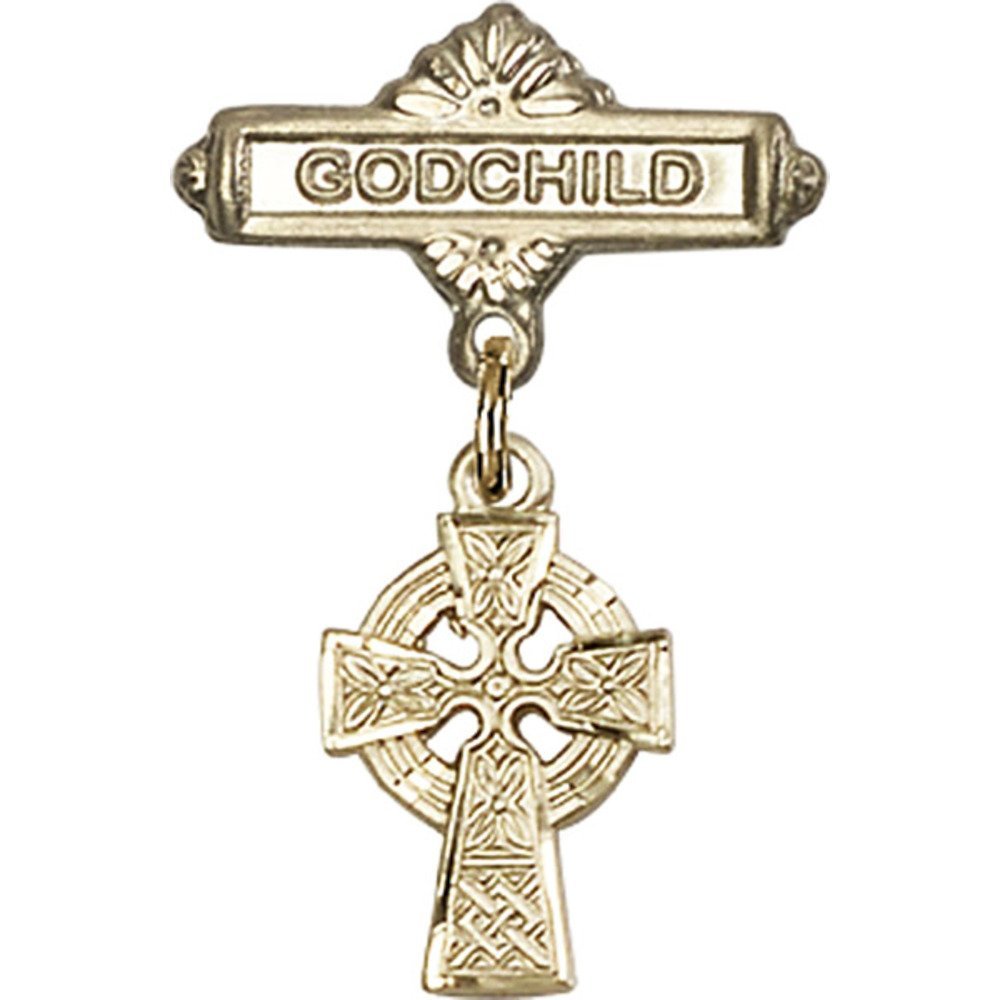 Gold Filled Baby Badge with Celtic Cross Charm - Godchild Gift Pin 1 X 5/8 Inches - Perfect for Christening, Baptism & First Communion Gifts