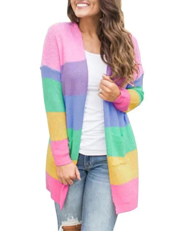 Stylish Loose Contrasting Striped Knit Cardigan Sweater for Women - Perfect for Casual Outfits & Layering in Fall & Winter