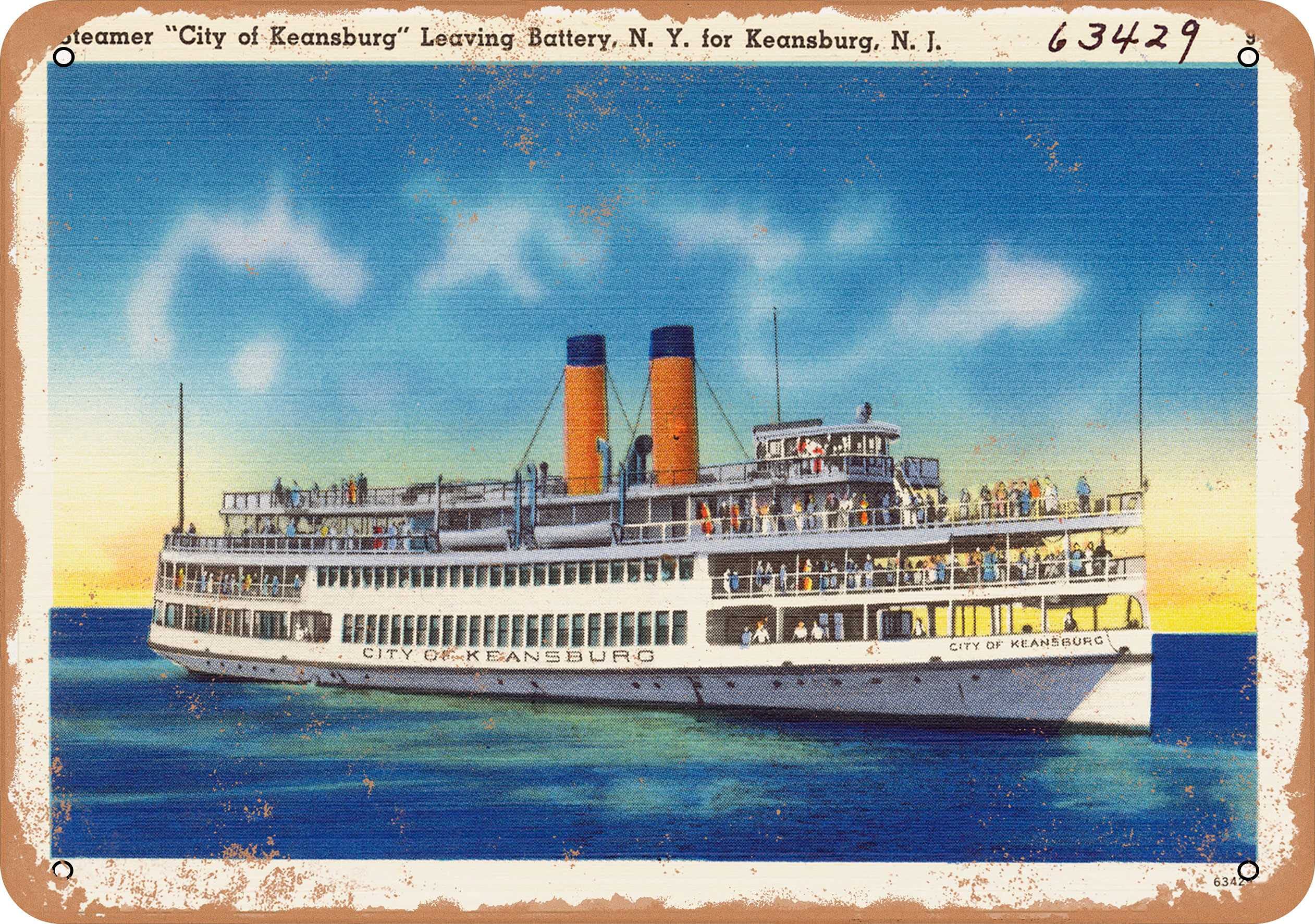 Vintage 10x14 Inch Metal Sign - New Jersey Postcard Design Featuring Steamer 'City of Keansburg' Leaving Battery NY - Rustic Wall Decor for Home, Office, or Man Cave - Perfect for Vintage Lovers and Nautical Theme Enthusiasts