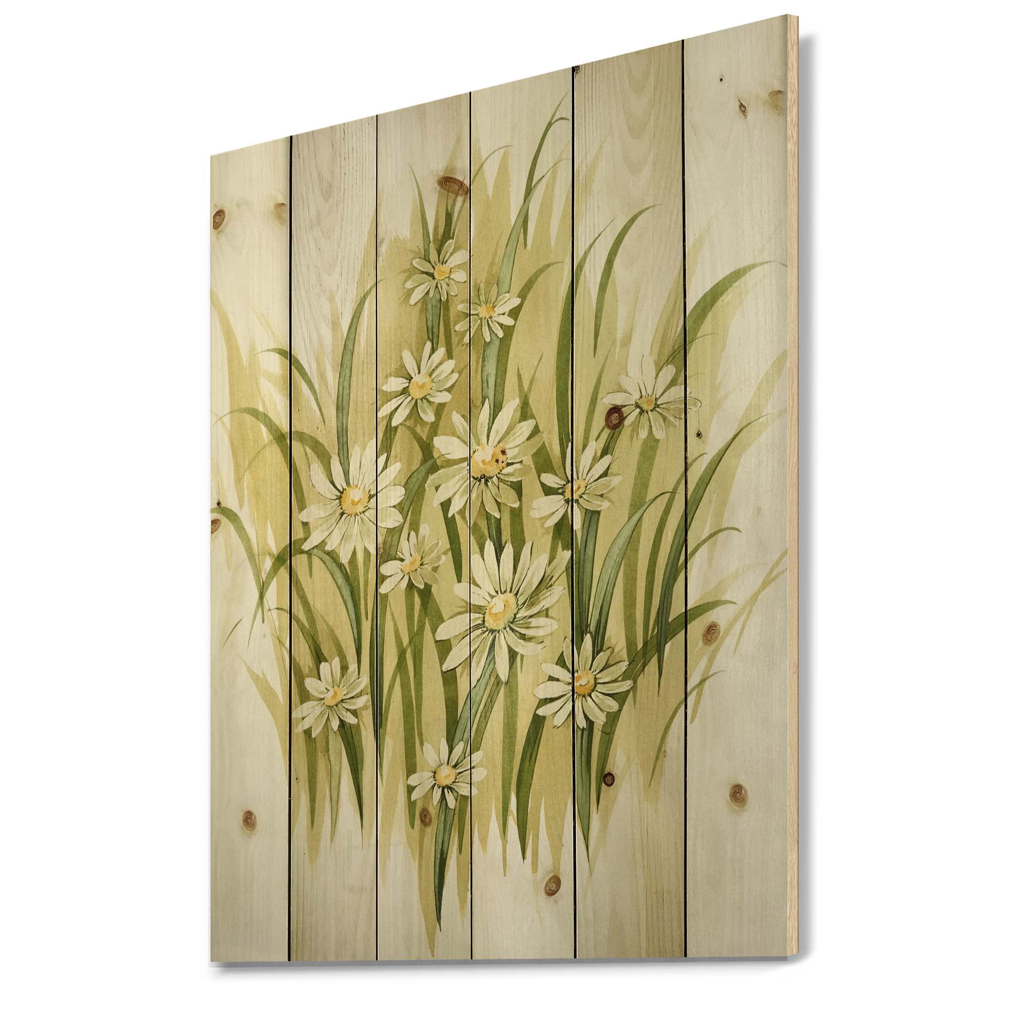 DesignQ White Meadow Flowers Traditional Wood Wall Decor - Green Floral Wood Wall Art Panels Printed on Natural Pine - Perfect for Living Room, Bedroom & Home Decor