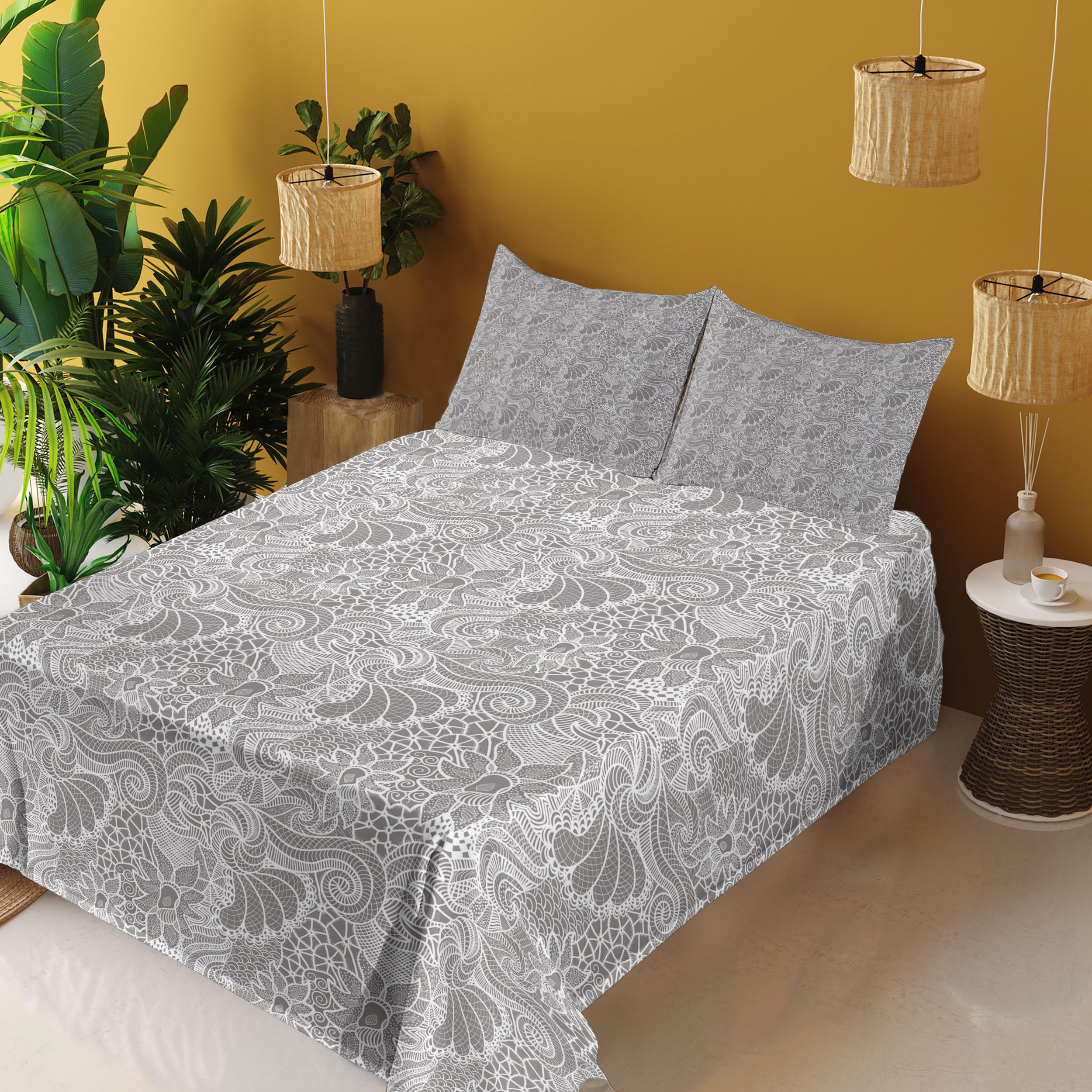 Ambesonne Floral Bed Sheet Set 4-Piece - King Size Grey & White Victorian Pattern with Fitted Sheet, Flat Sheet & Pillowcases | Classic Botanical Design for Master Bedroom, Guest Room or Vacation Home