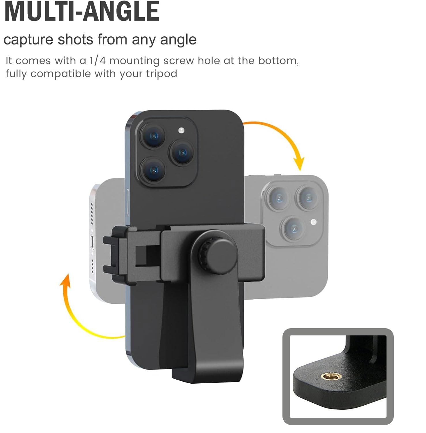Rotatable Phone Holder Tripod Mount Adapter - 360° Adjustable Clip with 1/4 Inch Screw & Hot Shoe for Vertical/Horizontal Shooting - Perfect for Vlogging, Live Streaming & Photography (Black)